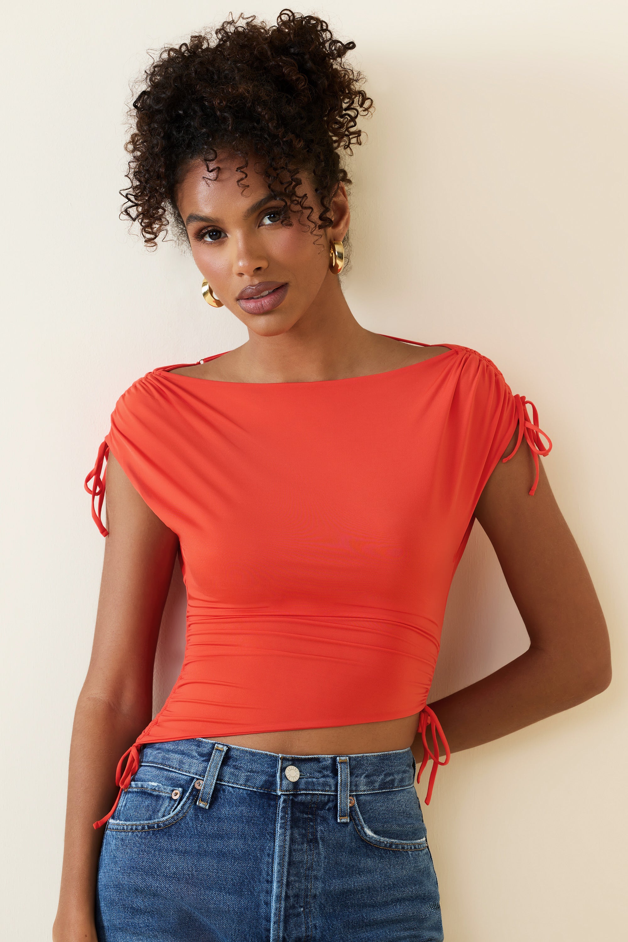 Asymmetric Ruched Cowl-Back Crop Top in Scarlet