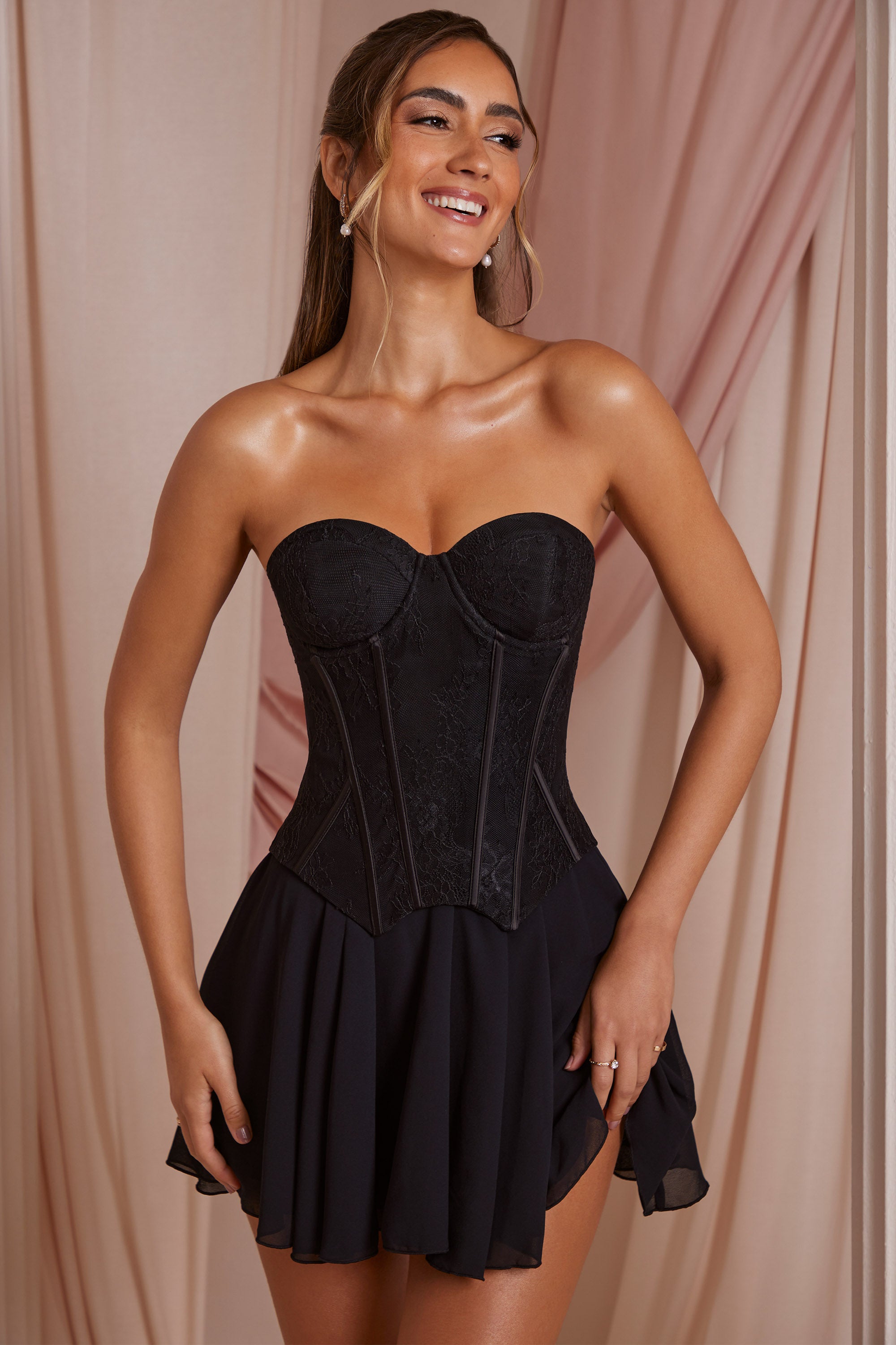 Strapless Lace Corset Mini Dress in Black