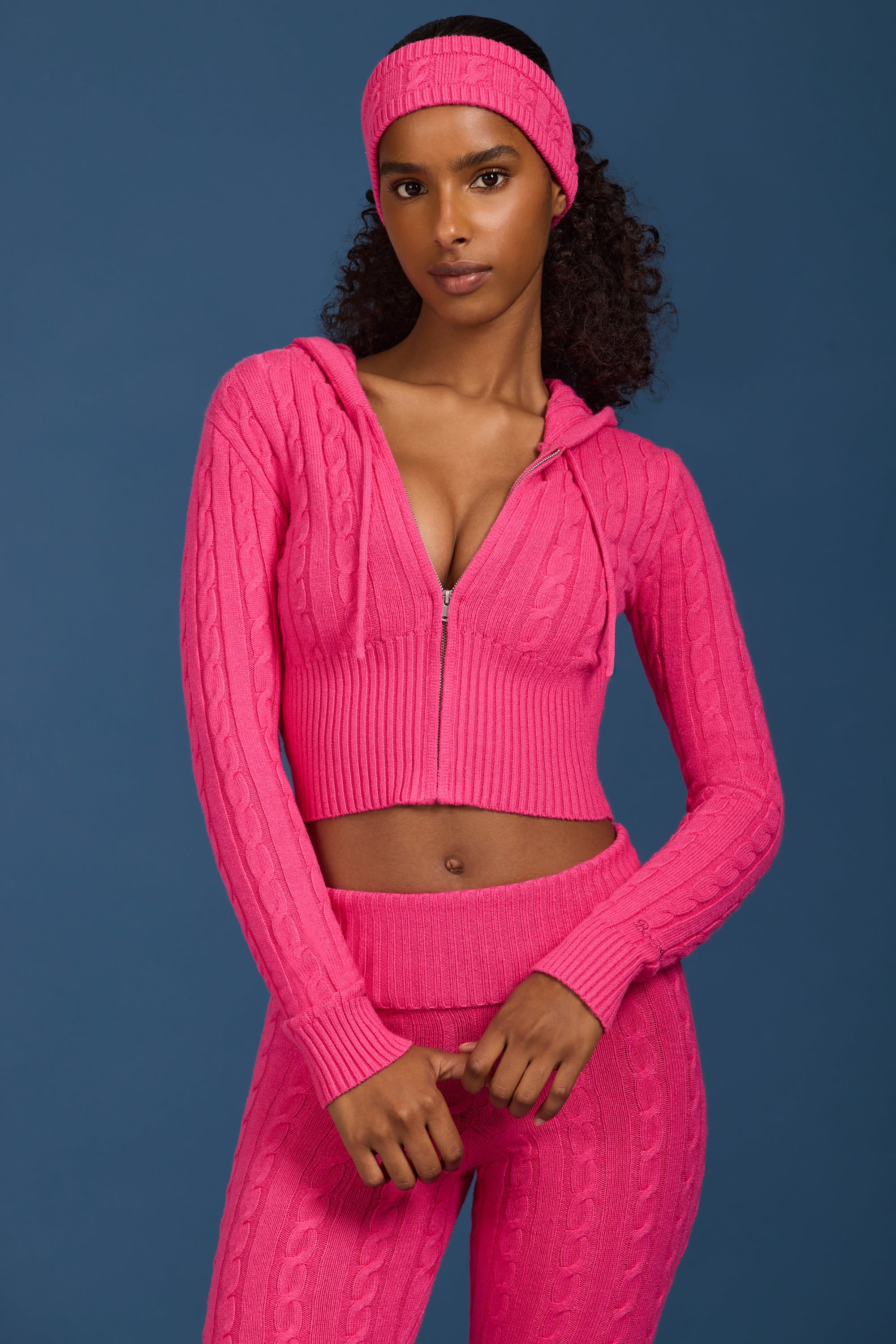 Cable-Knit Zip-Up Hoodie in Hot Pink