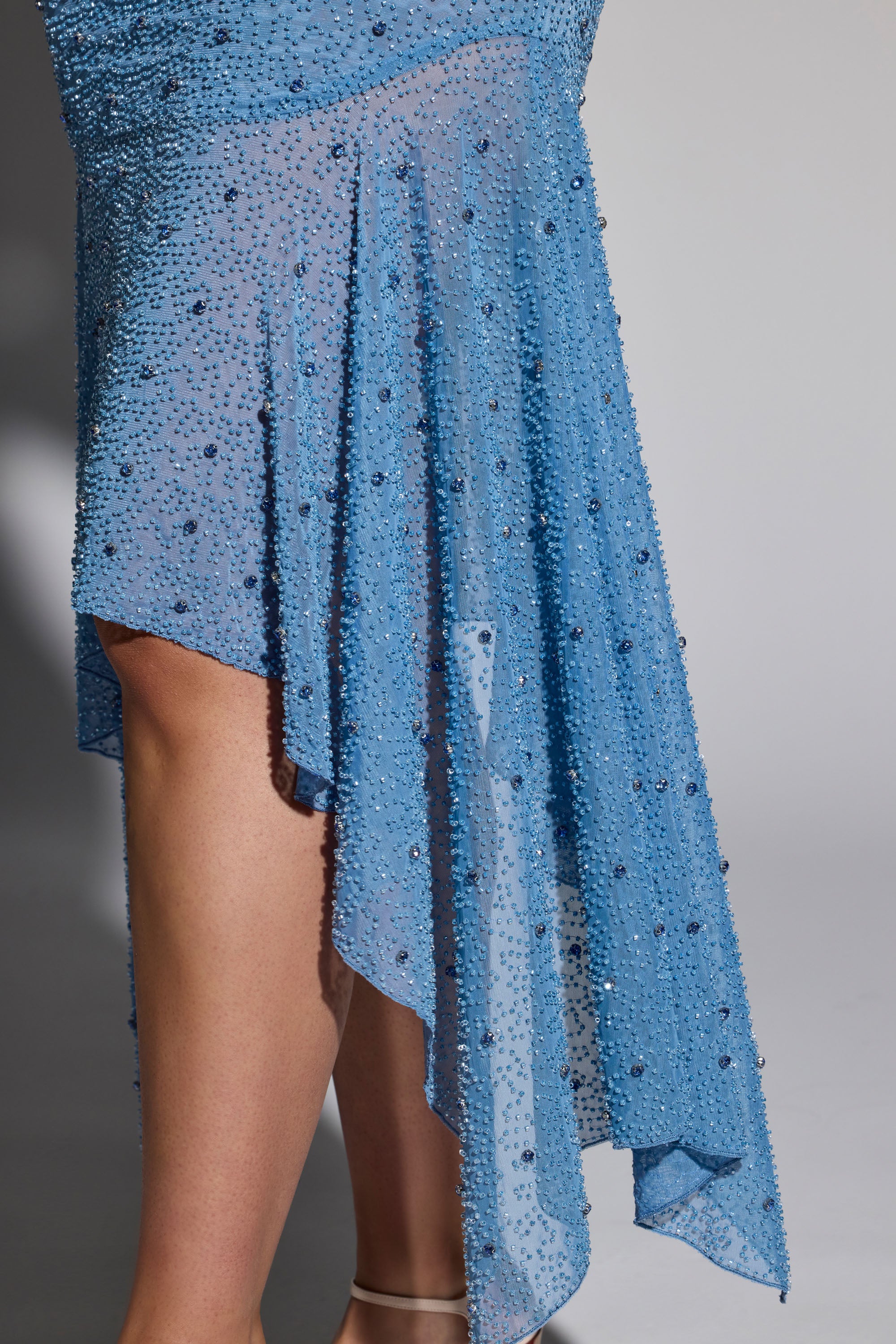 Embellished Asymmetric Crop Top and Skirt Co-ord in Smokey Blue