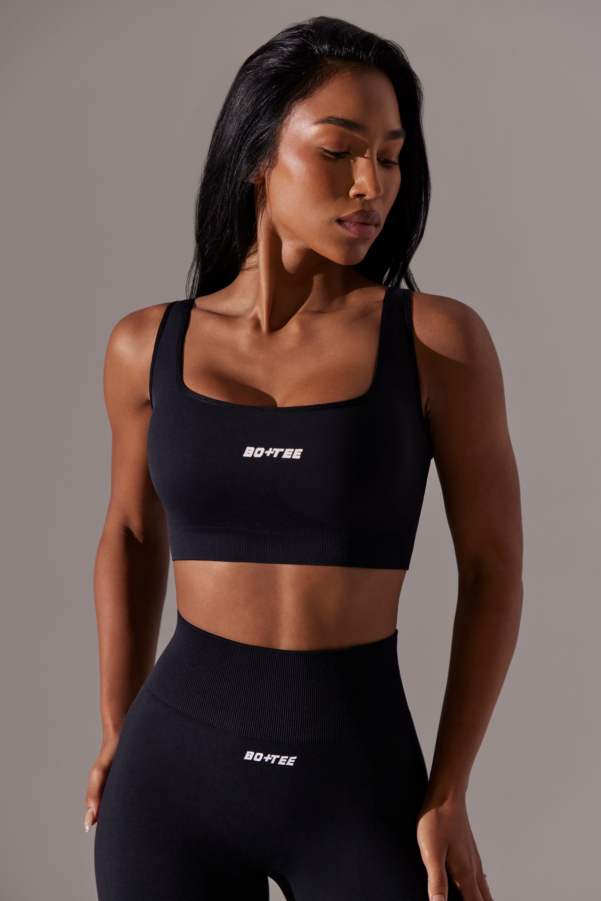 Open Back Square Neck Sports Bra in Black