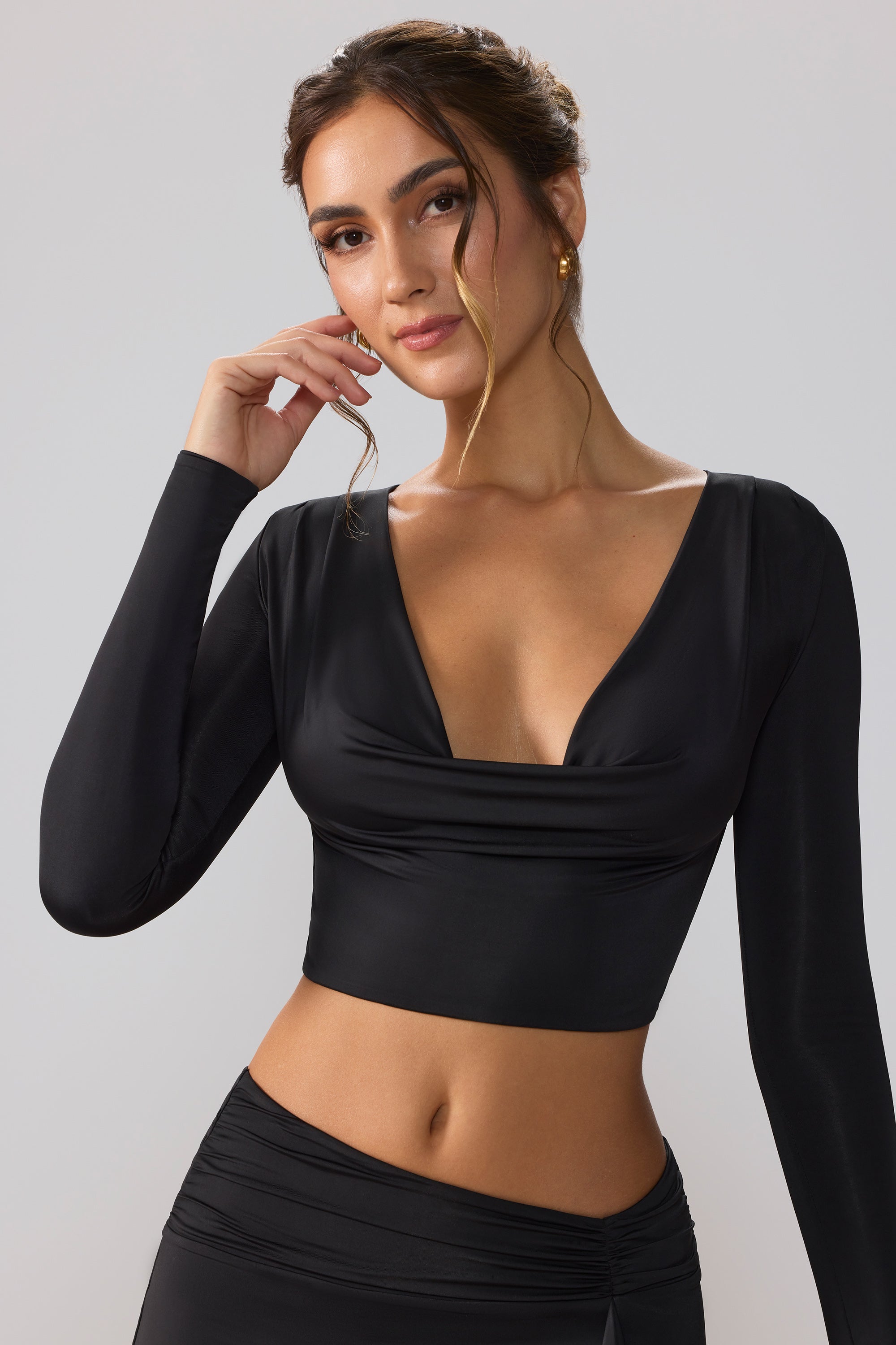 Slinky Jersey Plunge Neck Long Sleeve Crop Top Top in Black