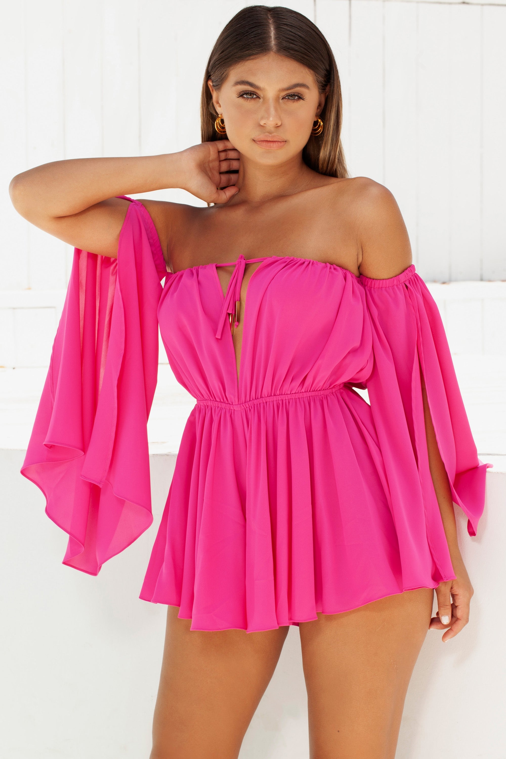 Pleat Wave Relaxed Fit Bardot Off The Shoulder Playsuit in Pink