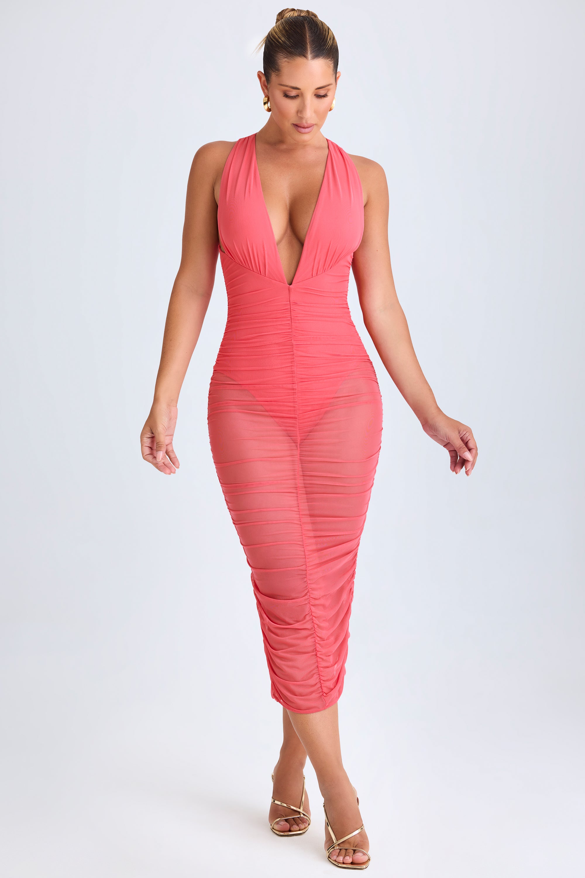 Ruched Plunge Midaxi Dress in Coral