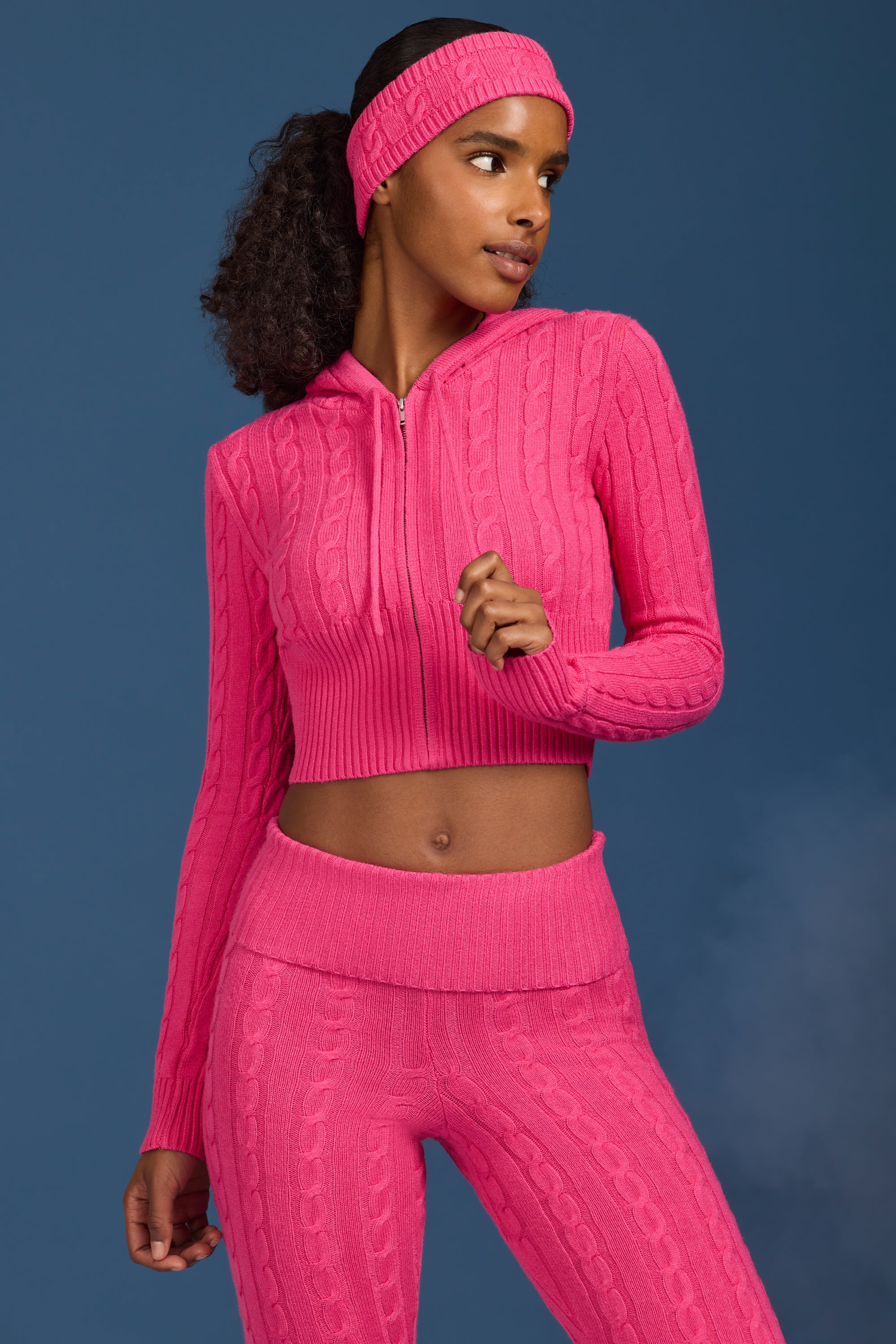 Cable-Knit Zip-Up Hoodie in Hot Pink