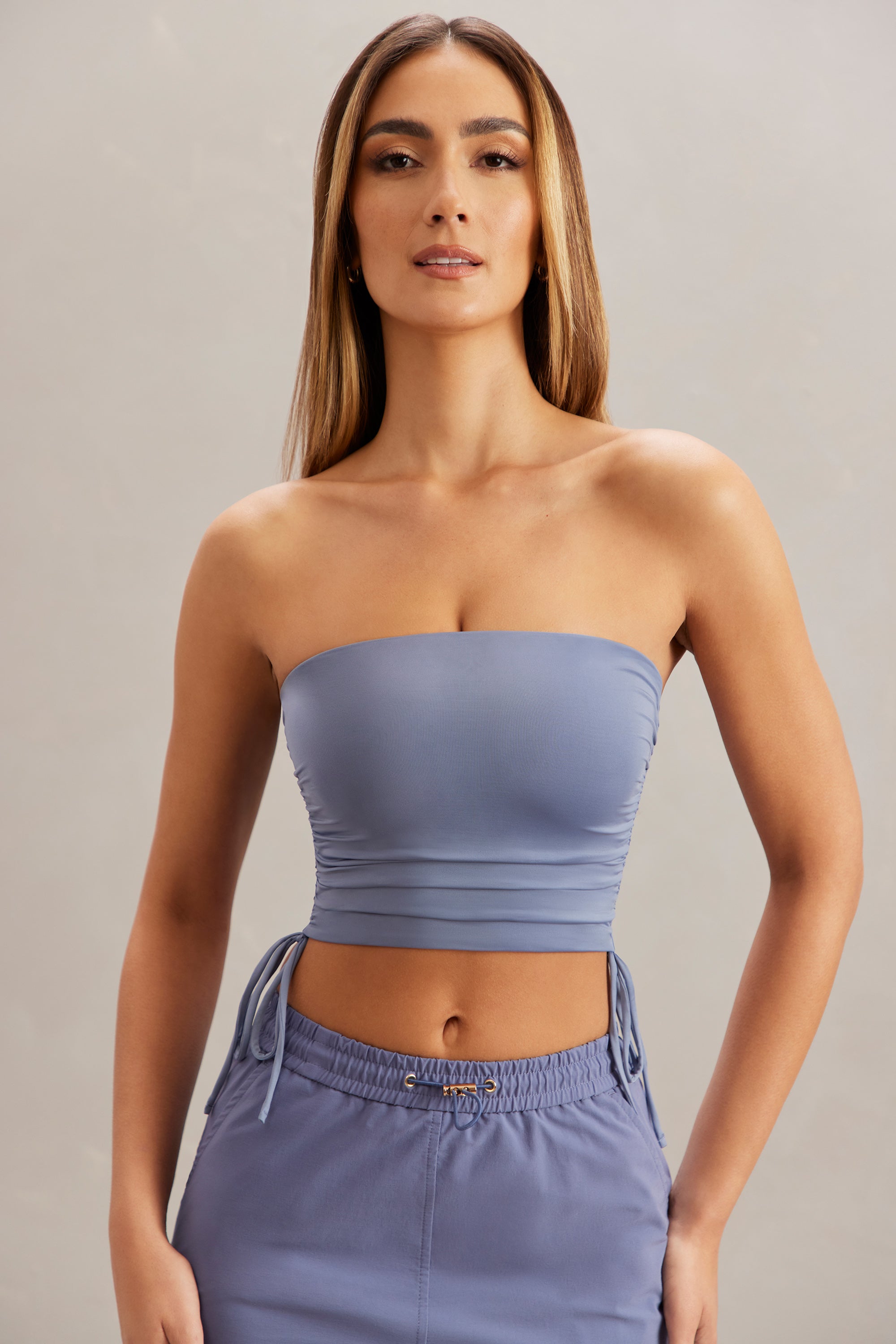 Ruched Bandeau Crop Top in Blue