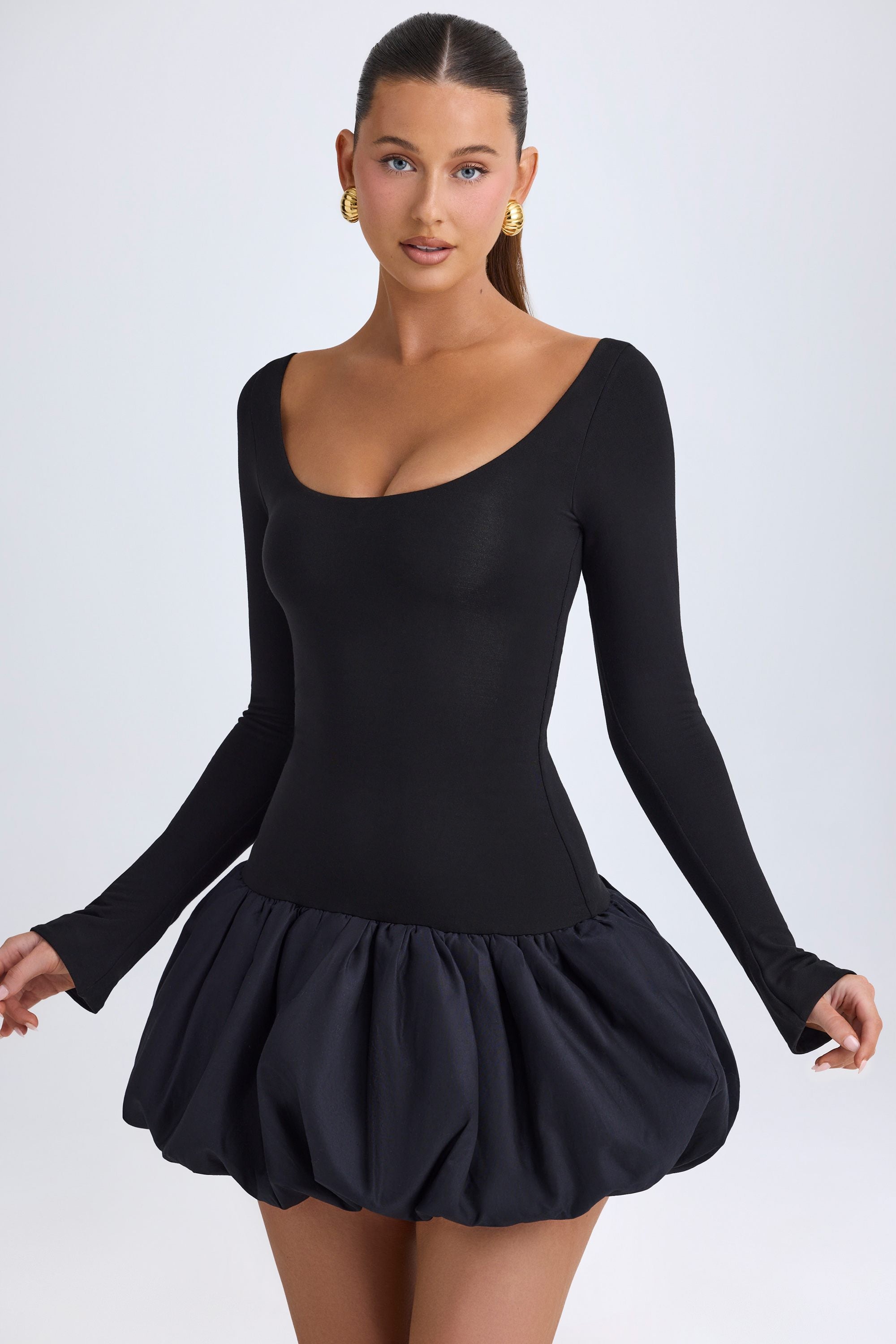 Scoop-Neck Drop-Waist Bubble Hem Mini Dress in Black