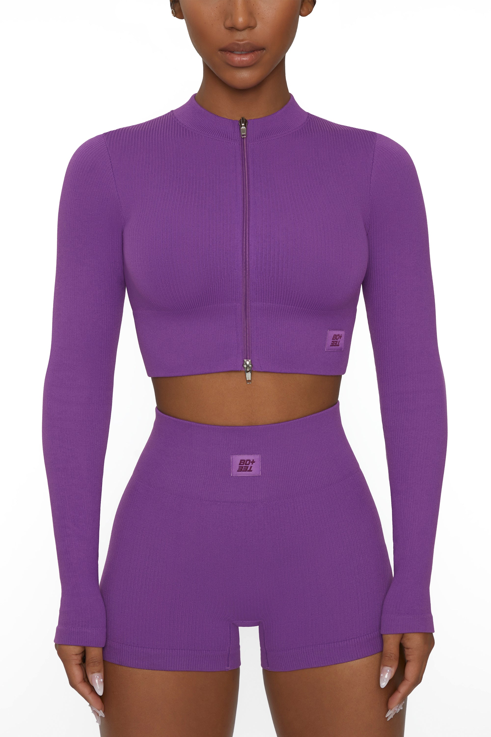 Long Sleeve Zip Crop Top in Purple