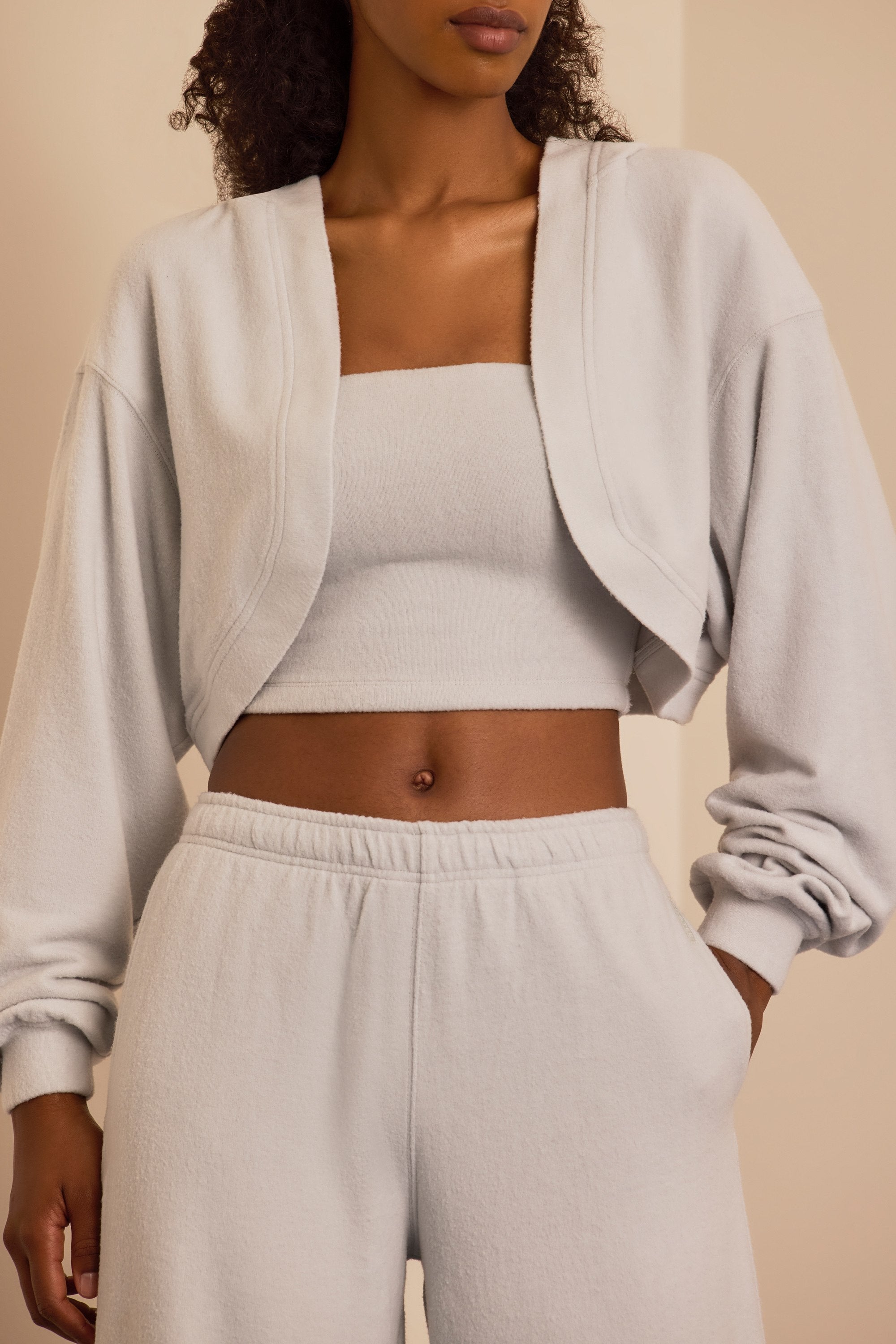 Brushed Jersey Hooded Cropped Shrug in Fog Grey