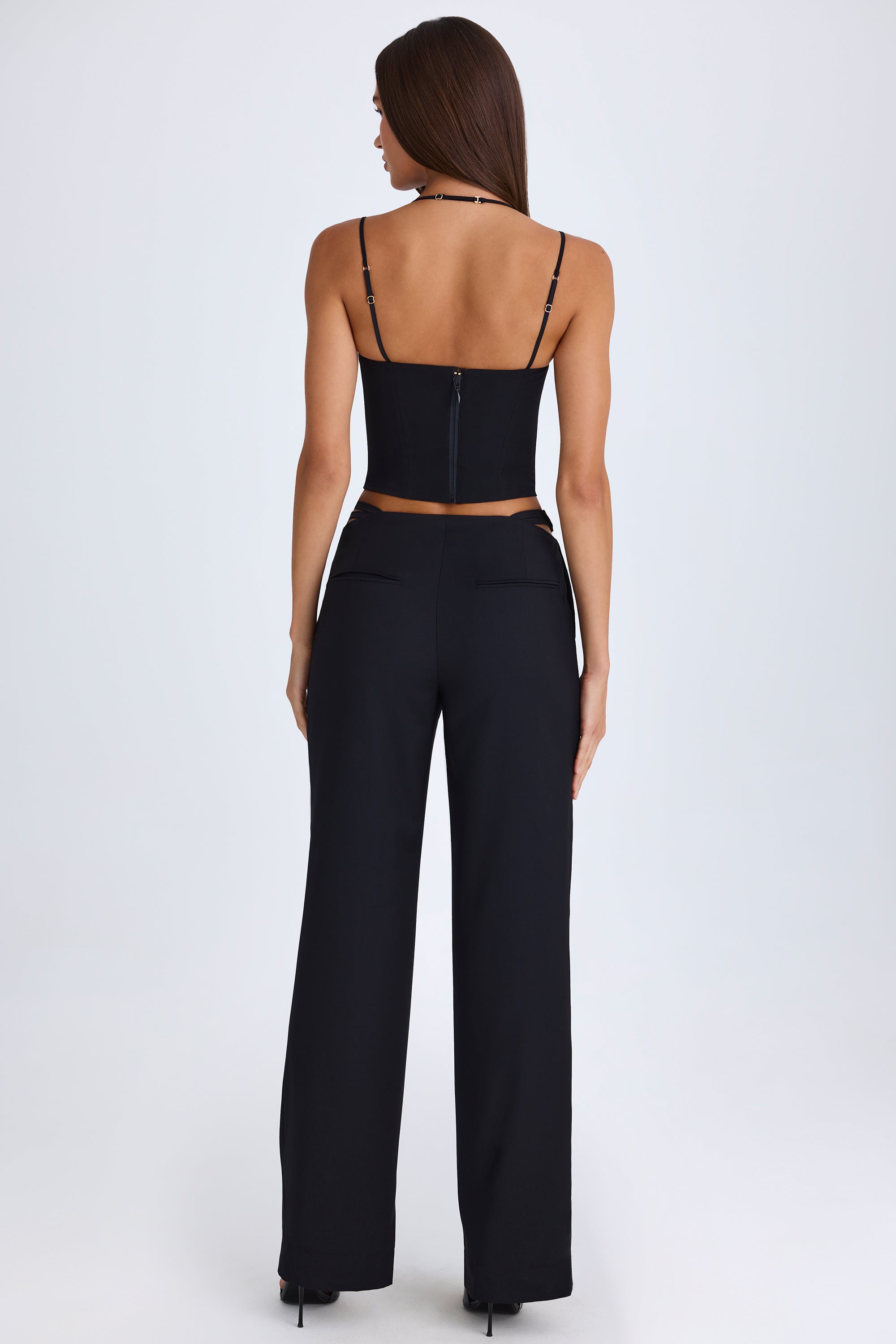 Petite Belted Cut-Out Wide-Leg Trousers in Black