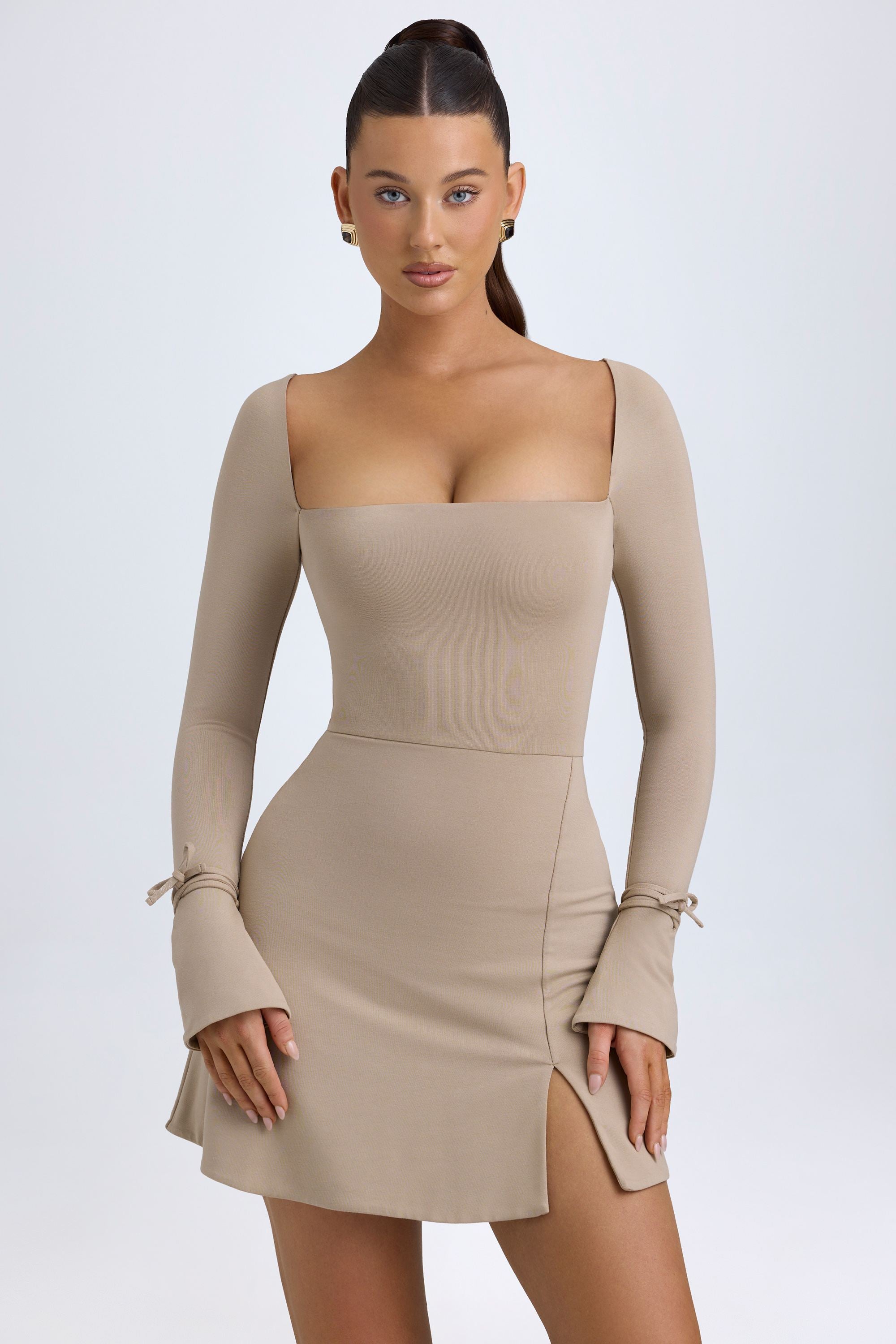 Modal Square-Neck A-Line Mini Dress in Taupe