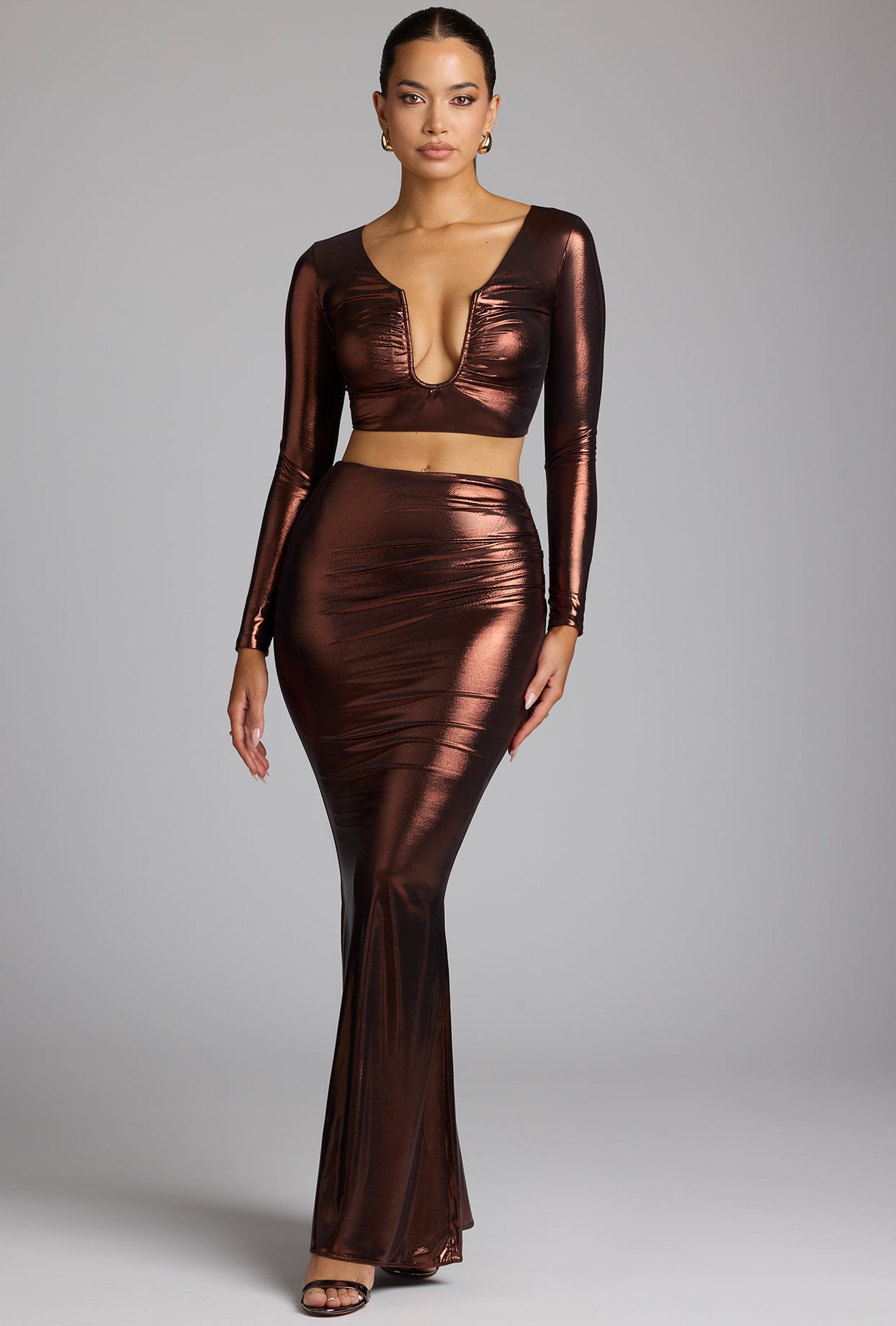 Mid Rise Metallic Jersey Gown Skirt in Copper Bronze