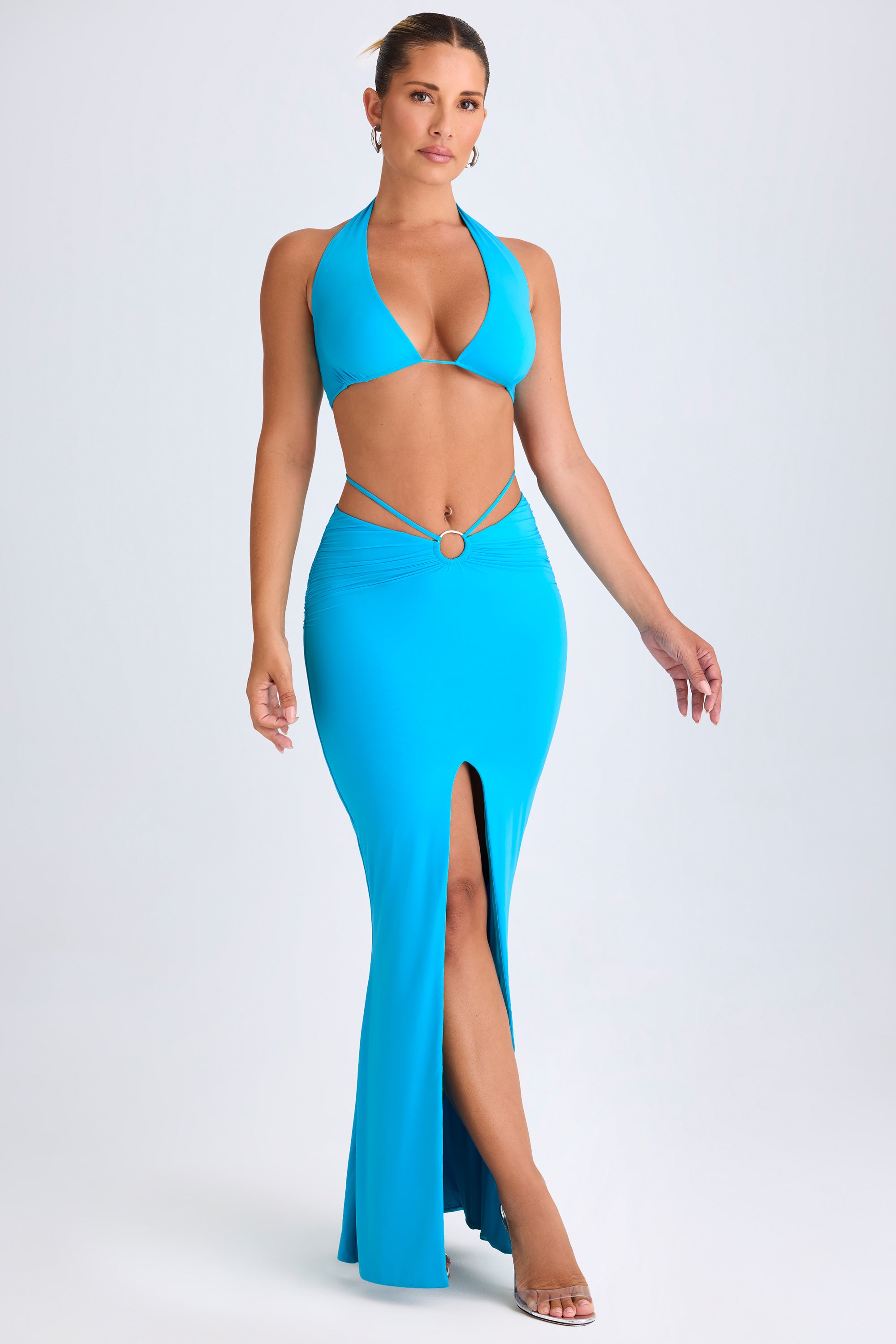 Plunge Hardware-Detail Halterneck Crop Top in Aqua Blue