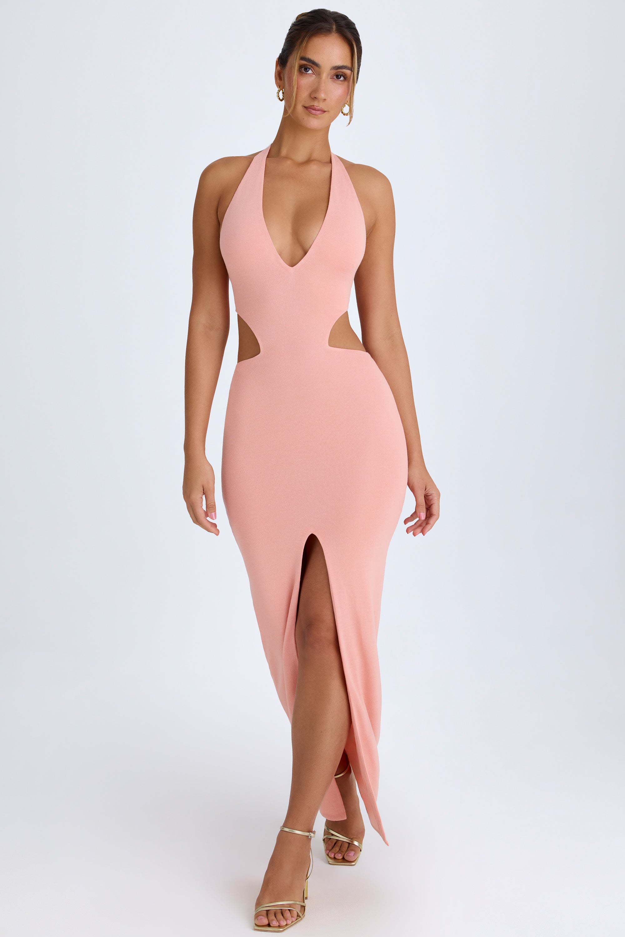 Cut-Out Halterneck Maxi Dress in Apricot Pink