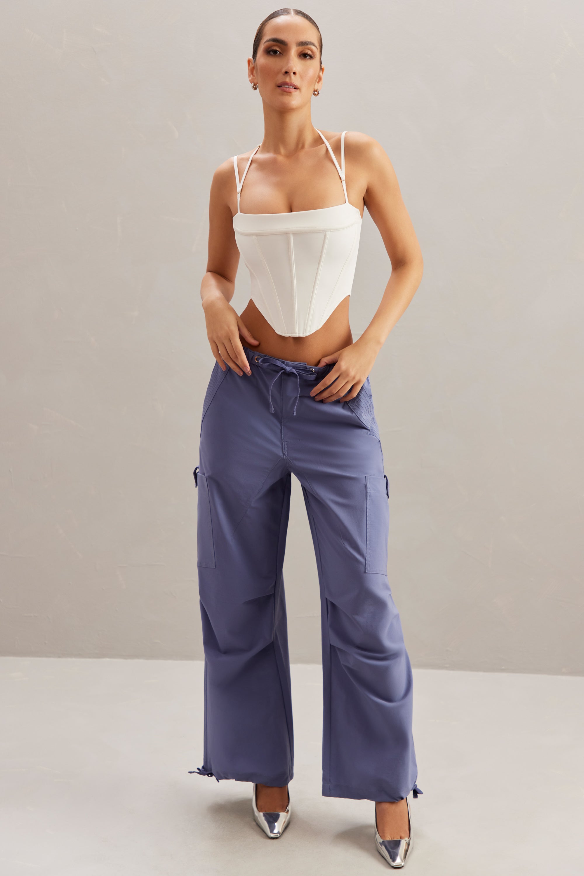 Wide Leg Cargo Trousers in Dusty Blue