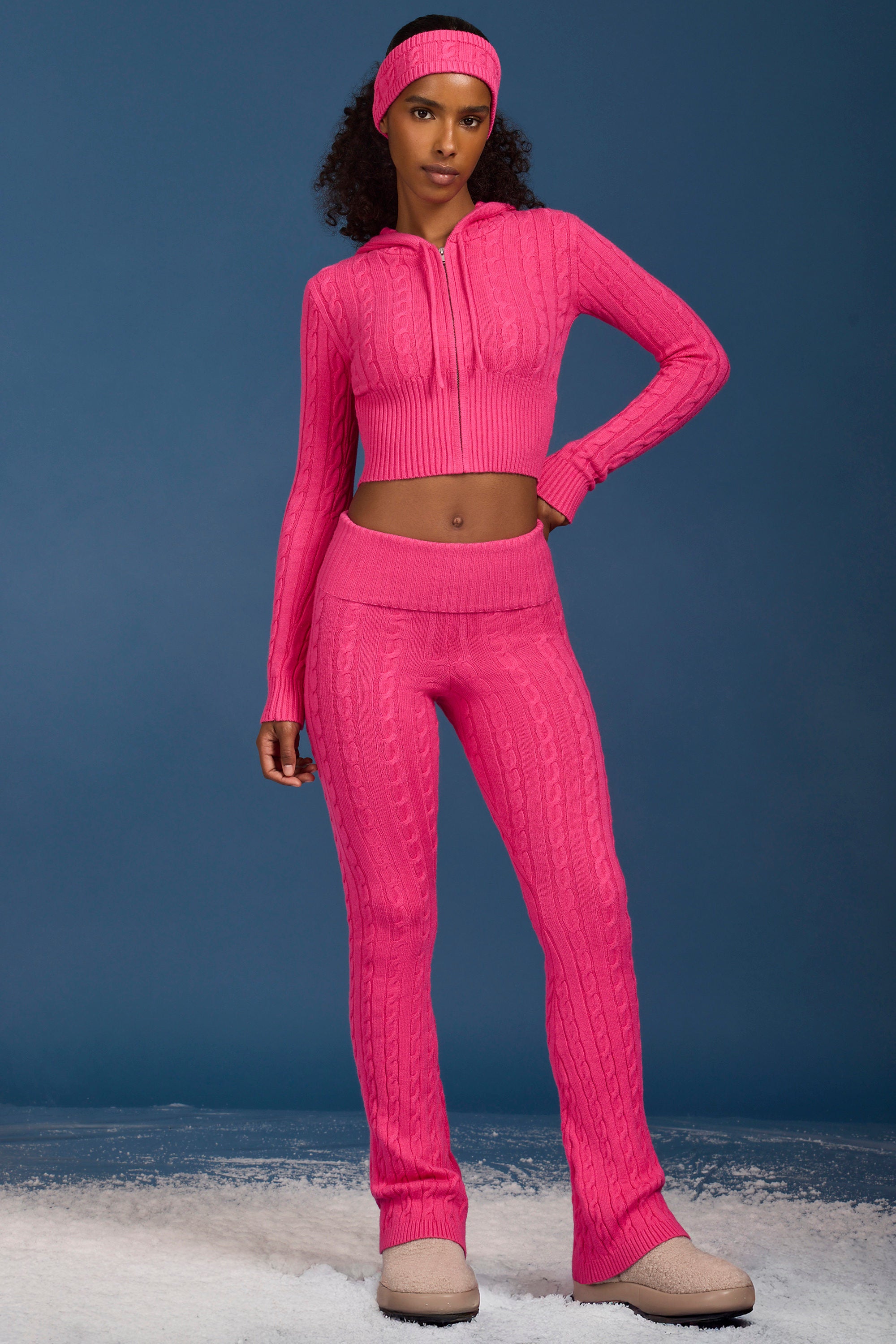 Cable-Knit Flared Trousers in Hot Pink