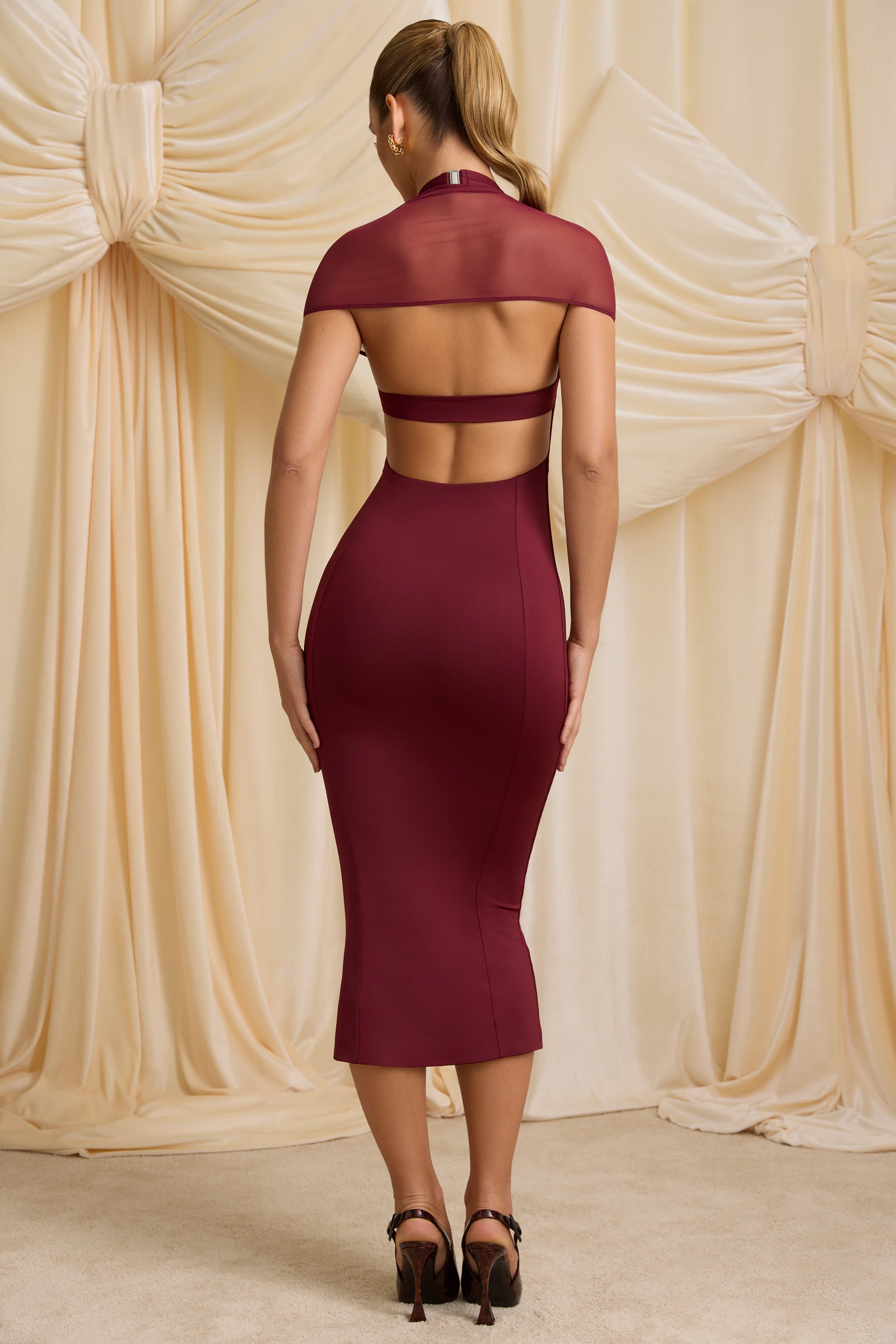 Slinky Jersey Open-Back Midaxi Dress in Wine Red