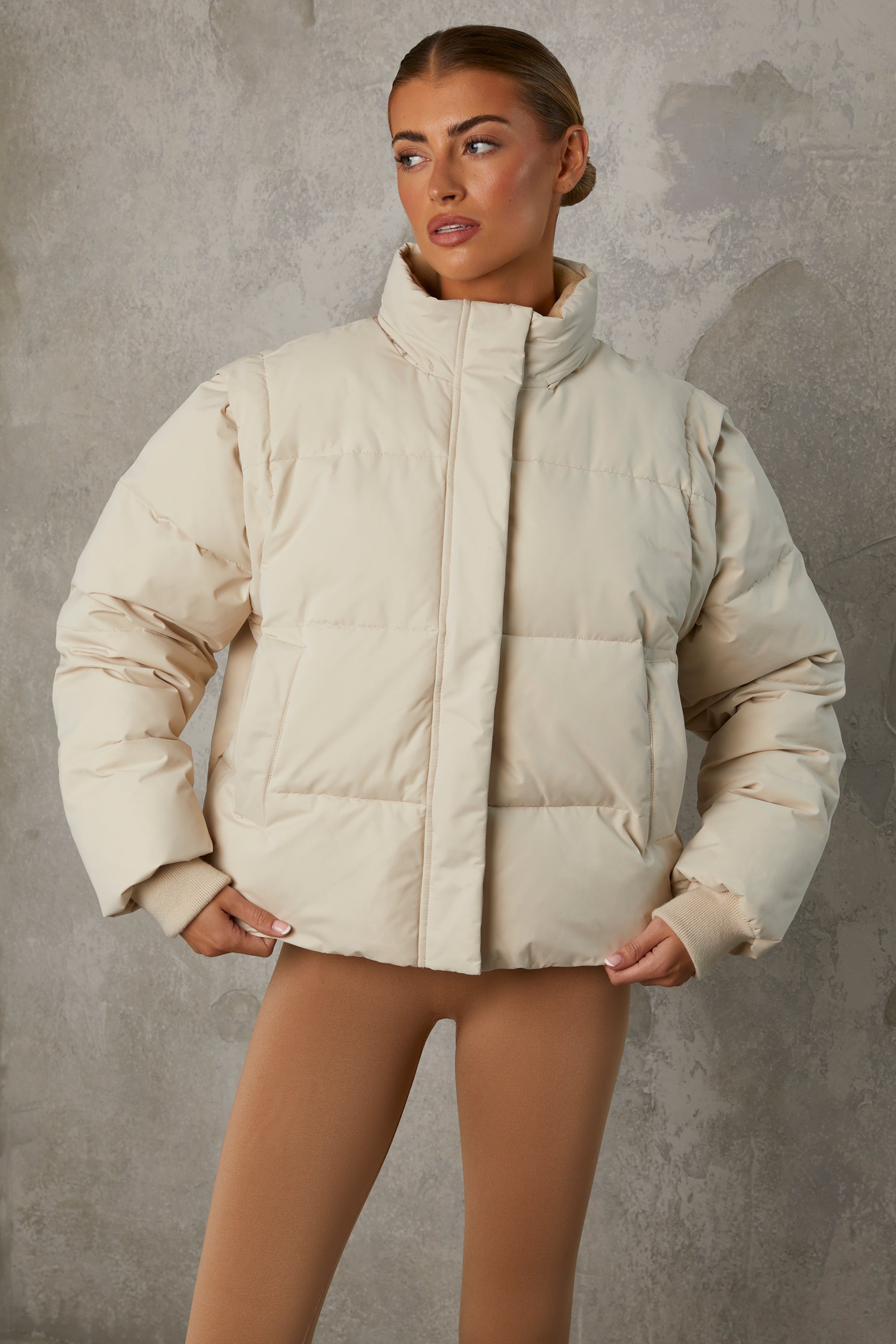 Cropped Puffer Jacket with Detachable Sleeves in Sand