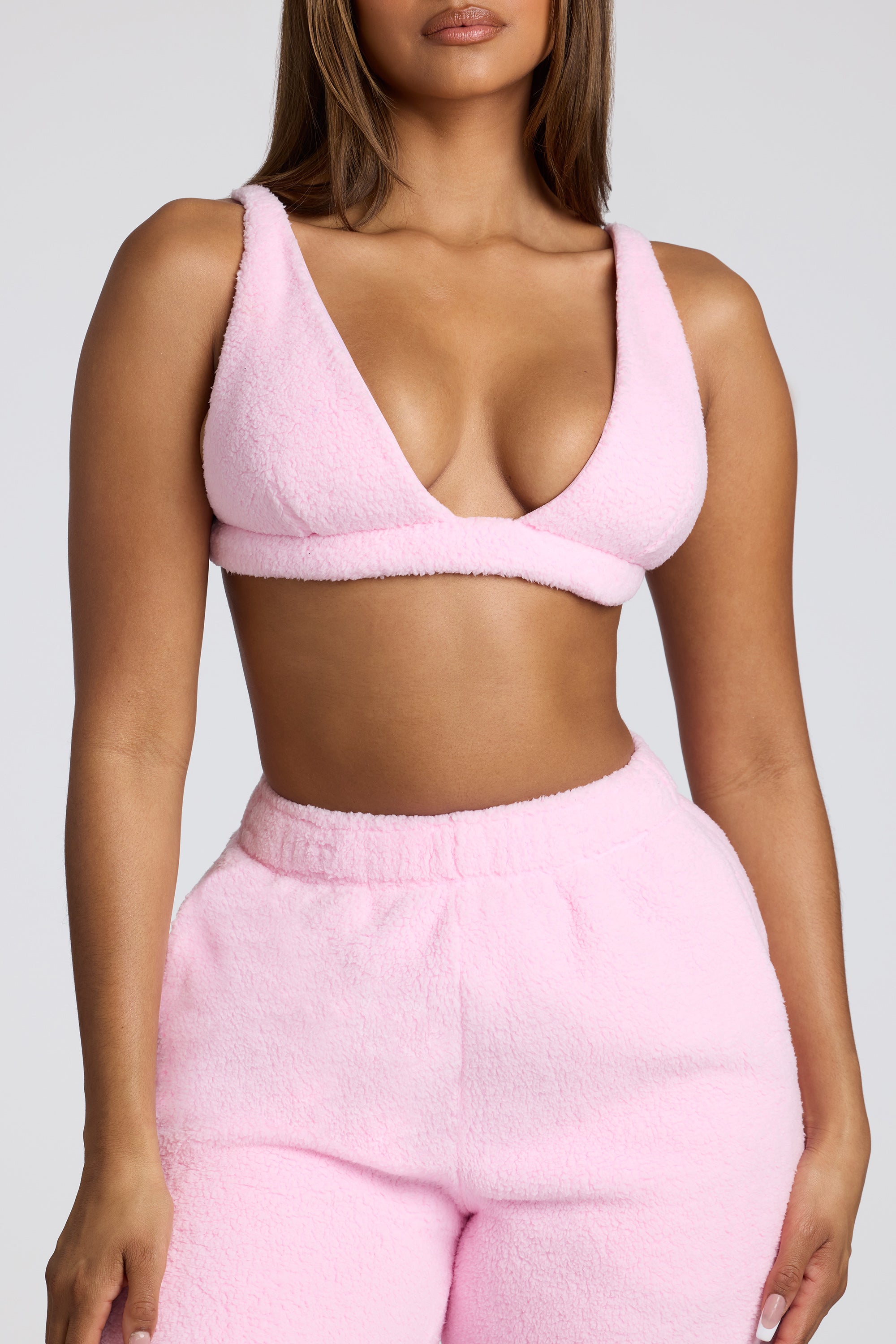 V Neck Fleece Bralette in Baby Pink