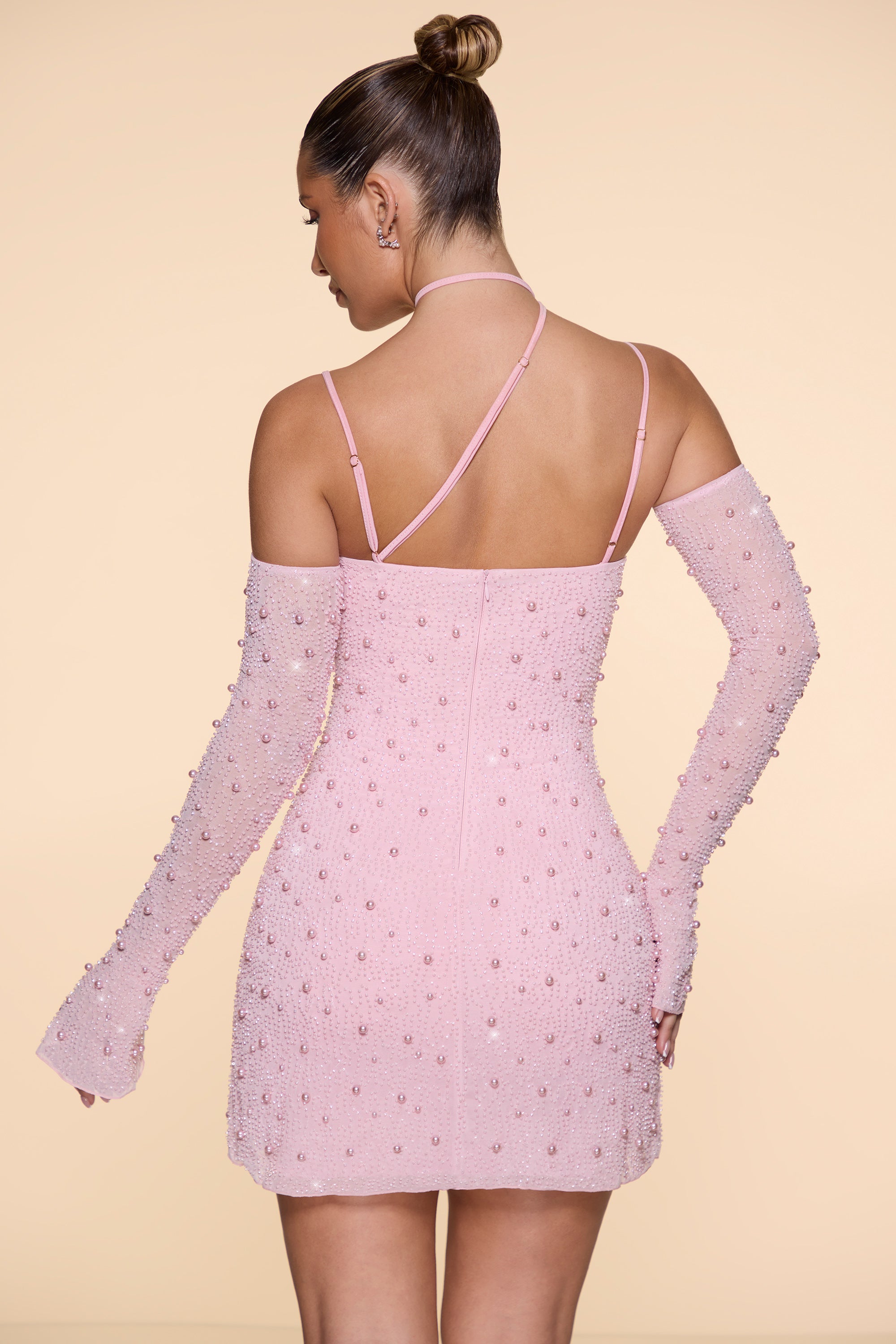 Embellished Asymmetric Corset Mini Dress in Blush