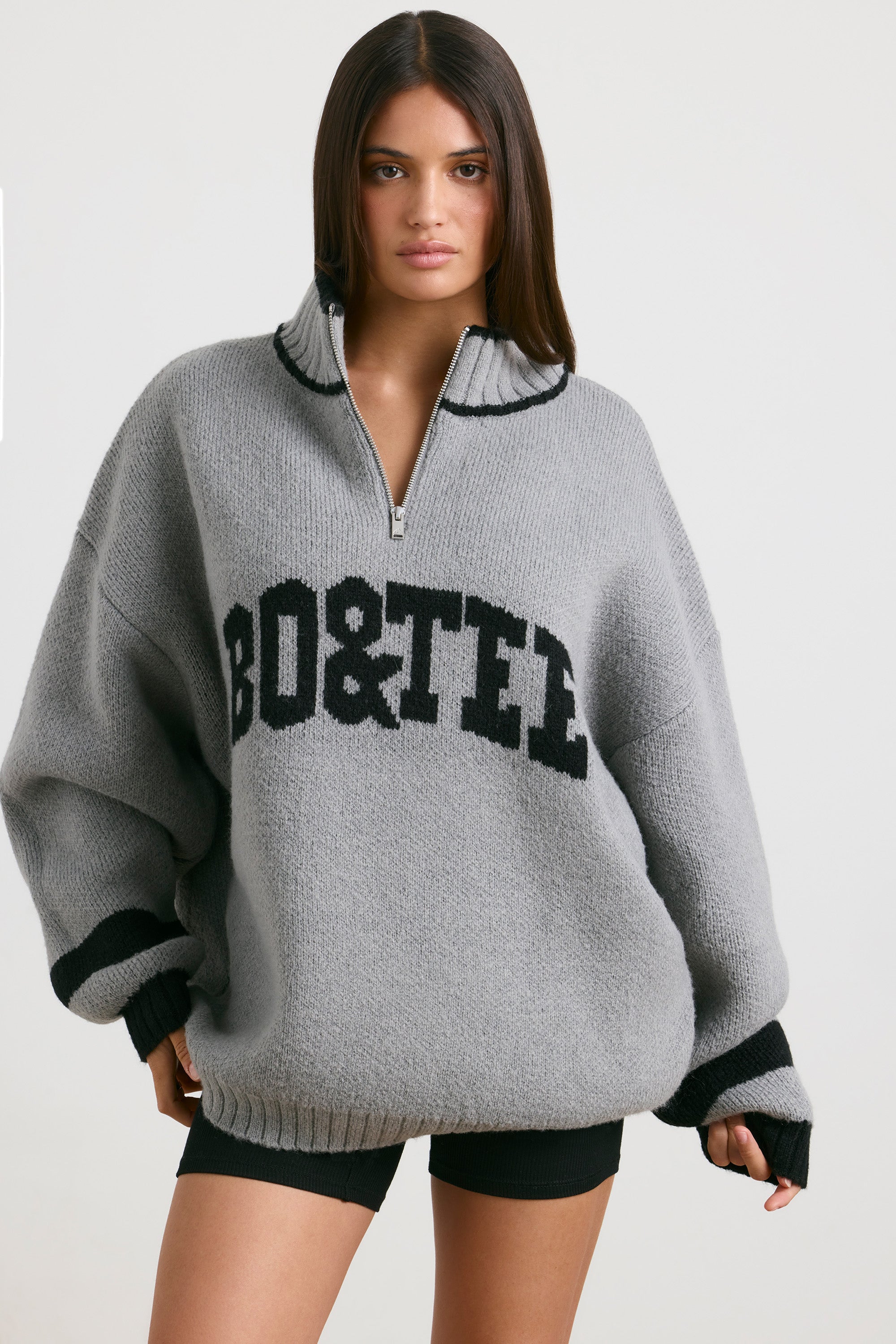 Oversized Quarter-Zip Chunky-Knit Jumper in Heather Grey