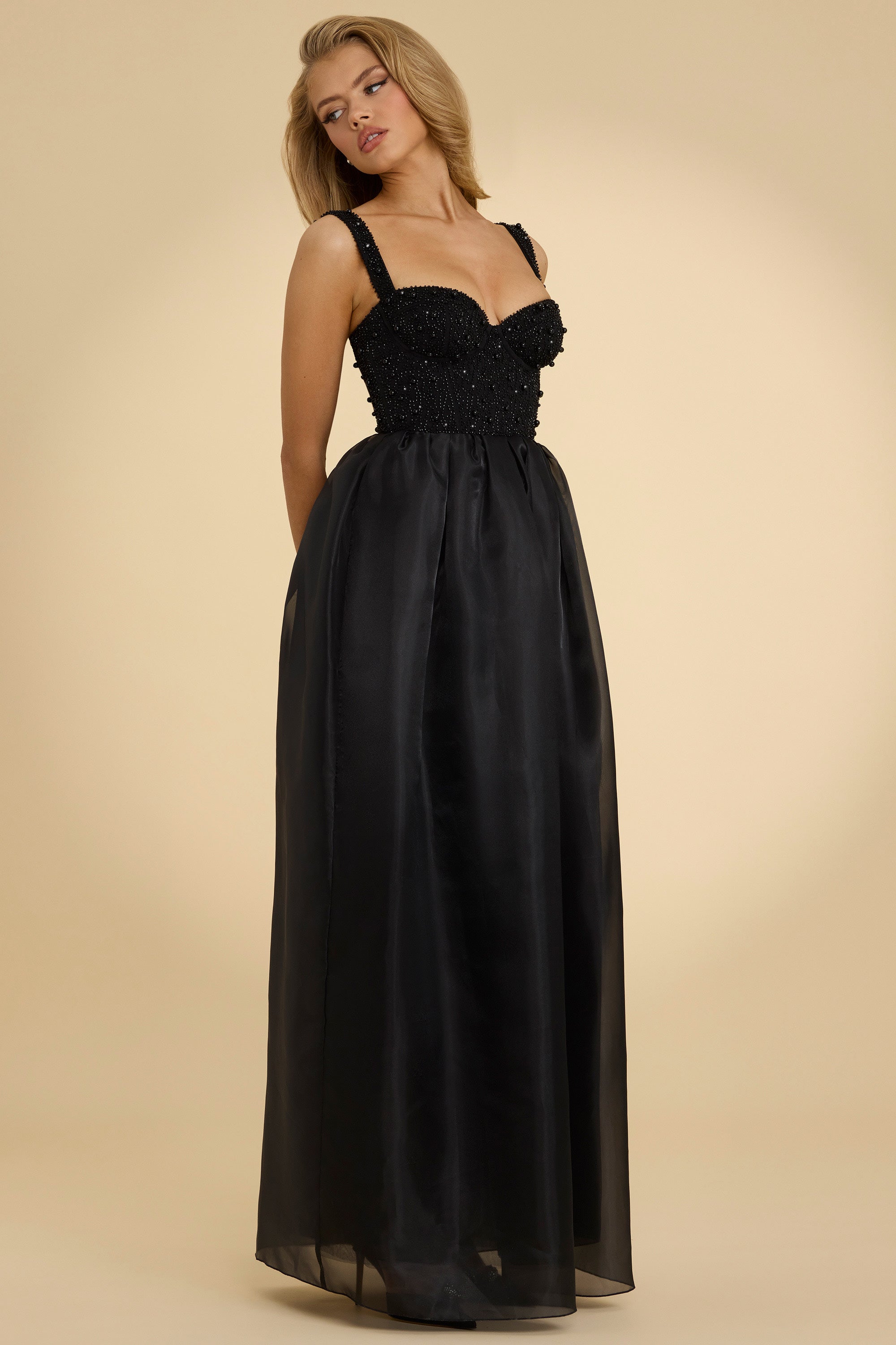 Corset Organza Maxi Dress in Black