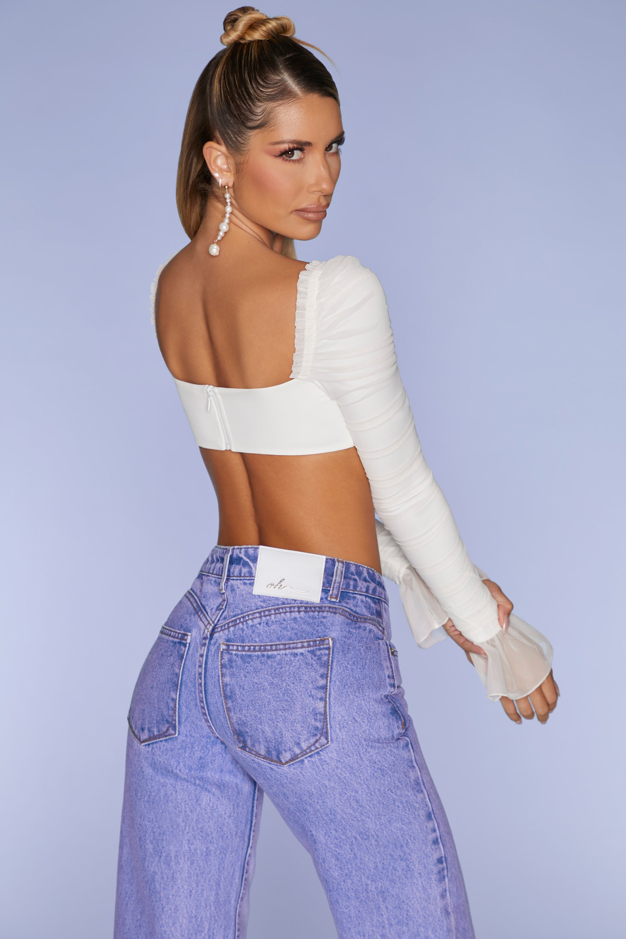 Long Sleeve Ruched Crop Top in Ivory