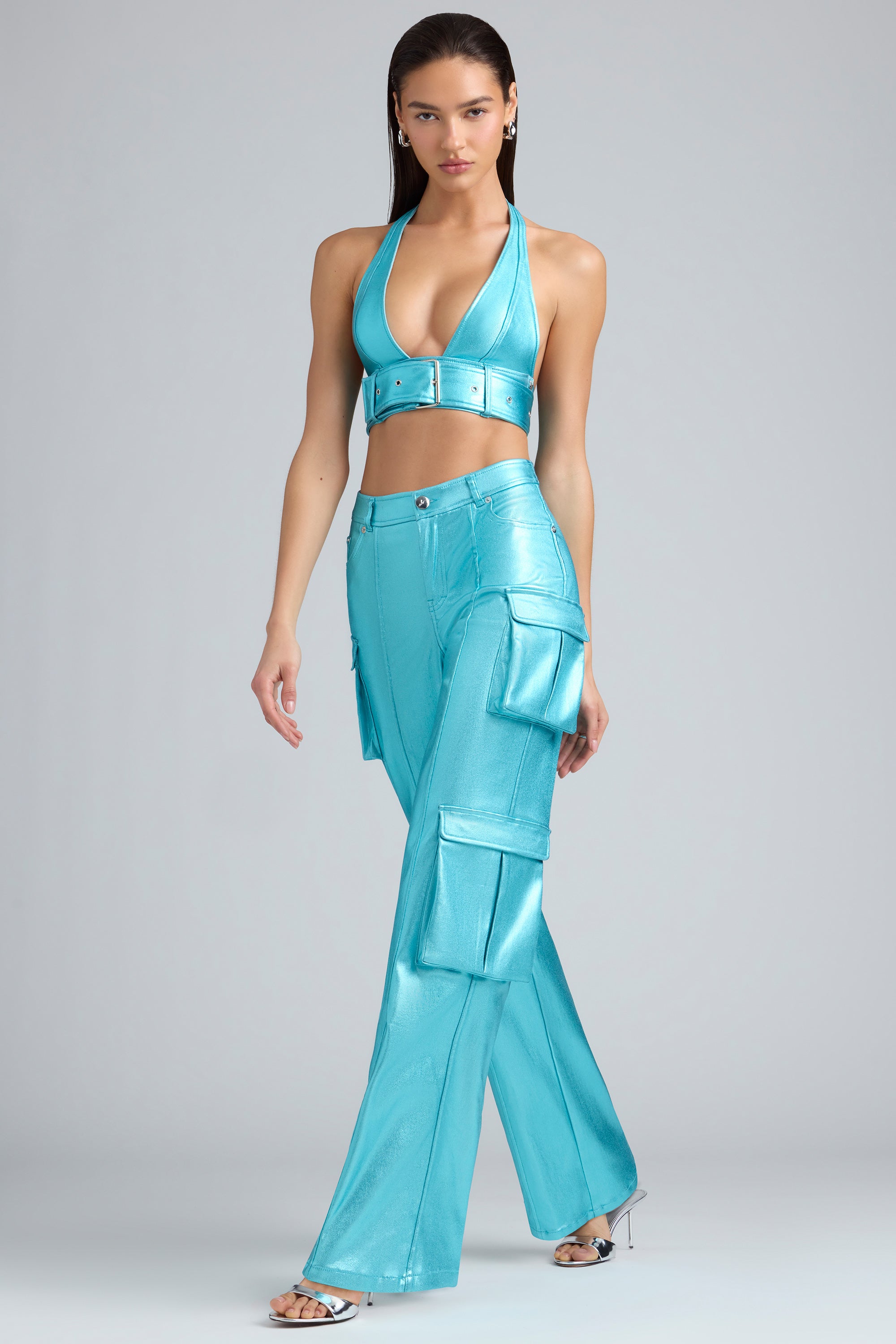 Metallic Denim Cargo Trousers in Aqua