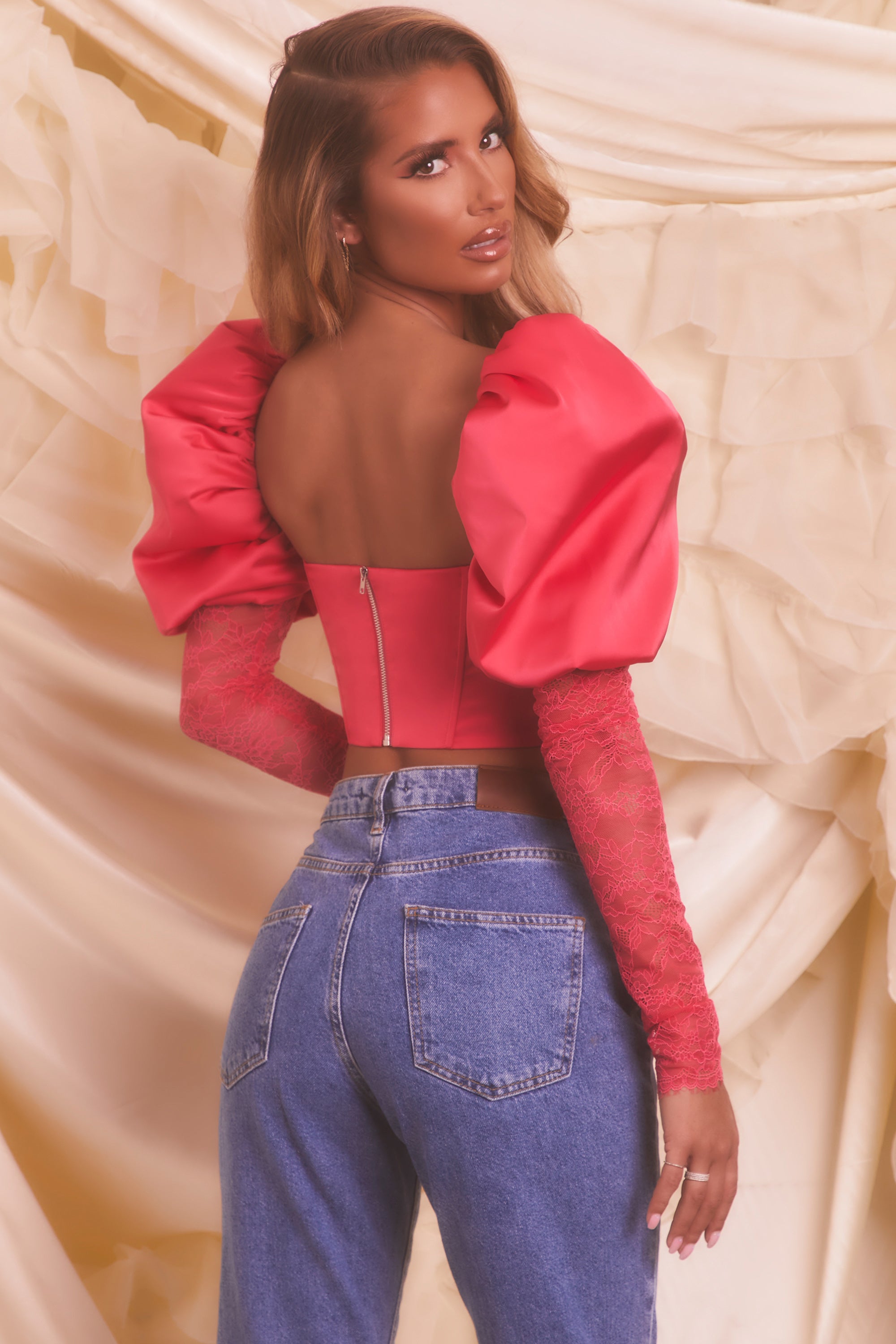 Puff Sleeve Satin Lace Crop Top in Hot Pink