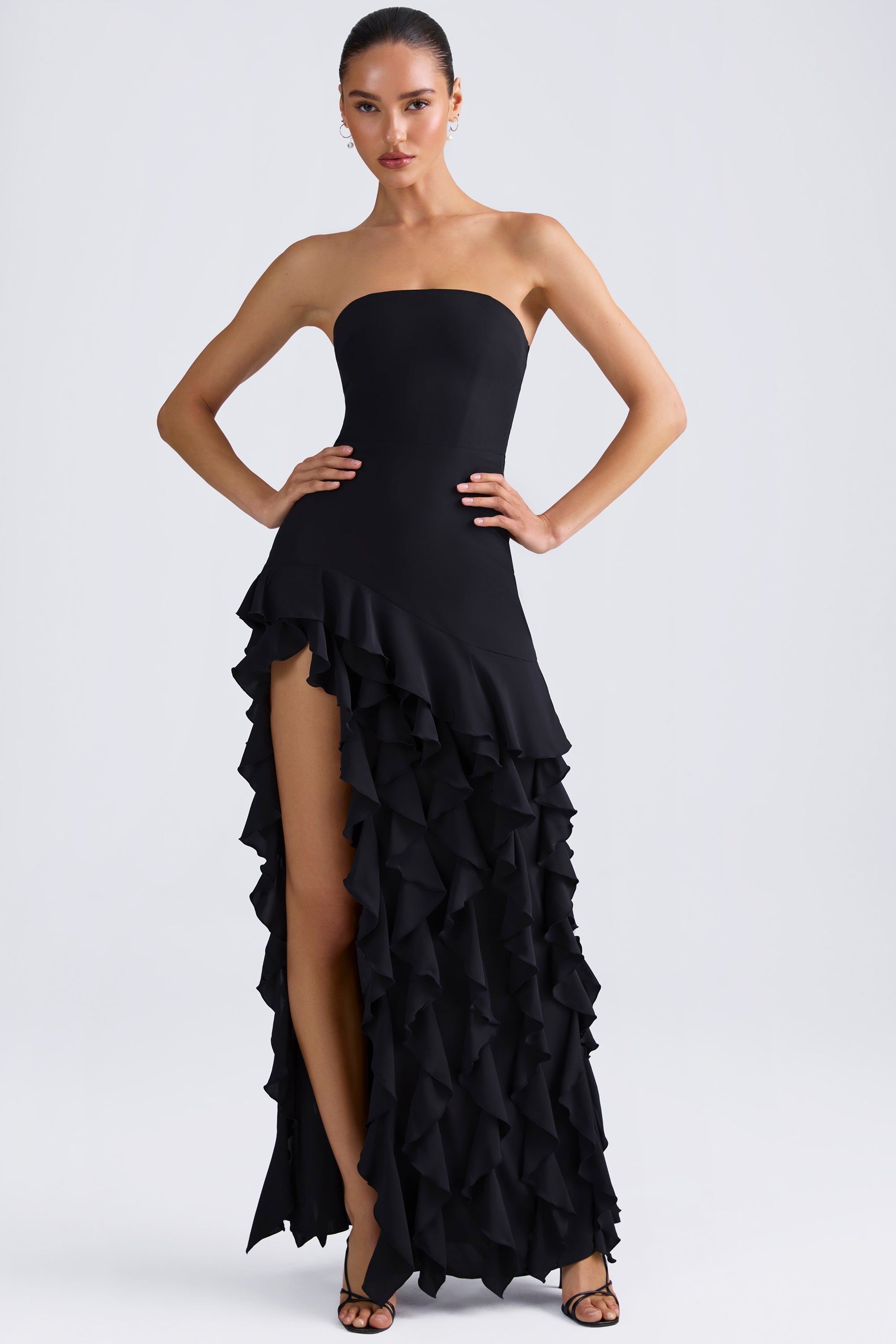 Ruffle-Trim Strapless Gown in Black