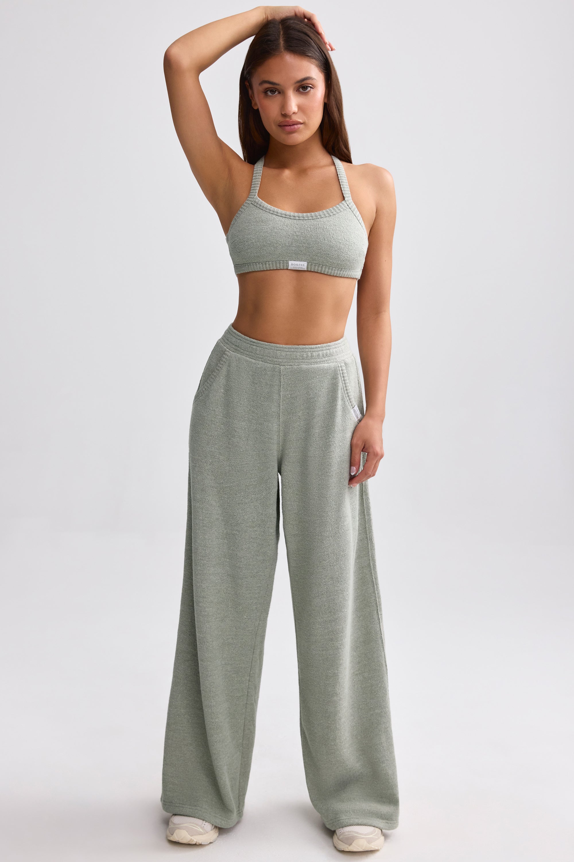 Petite Terry Towelling Wide-Leg Joggers in Sage Grey