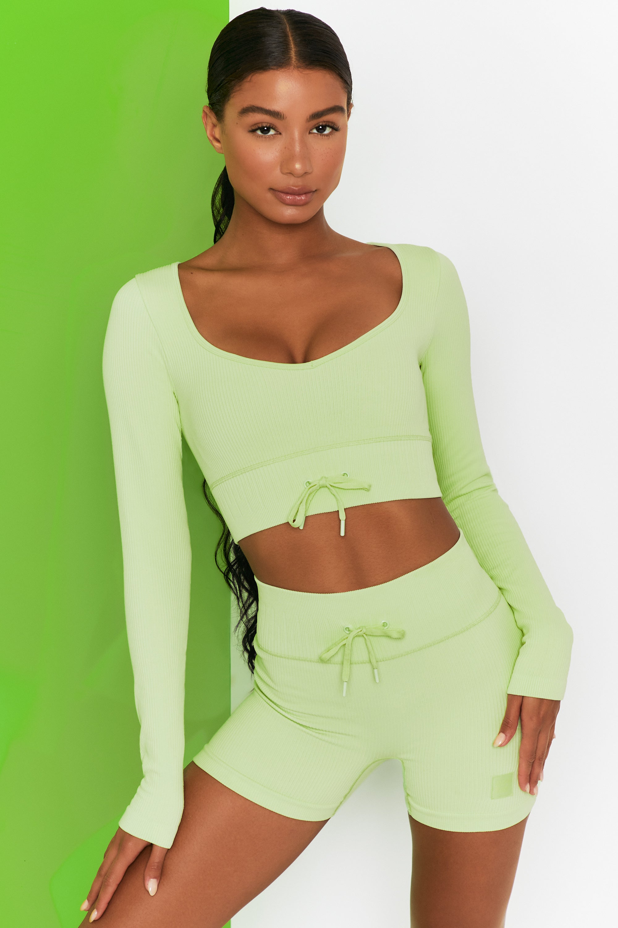 Time Check Ribbed Long Sleeve Crop Top in Lime