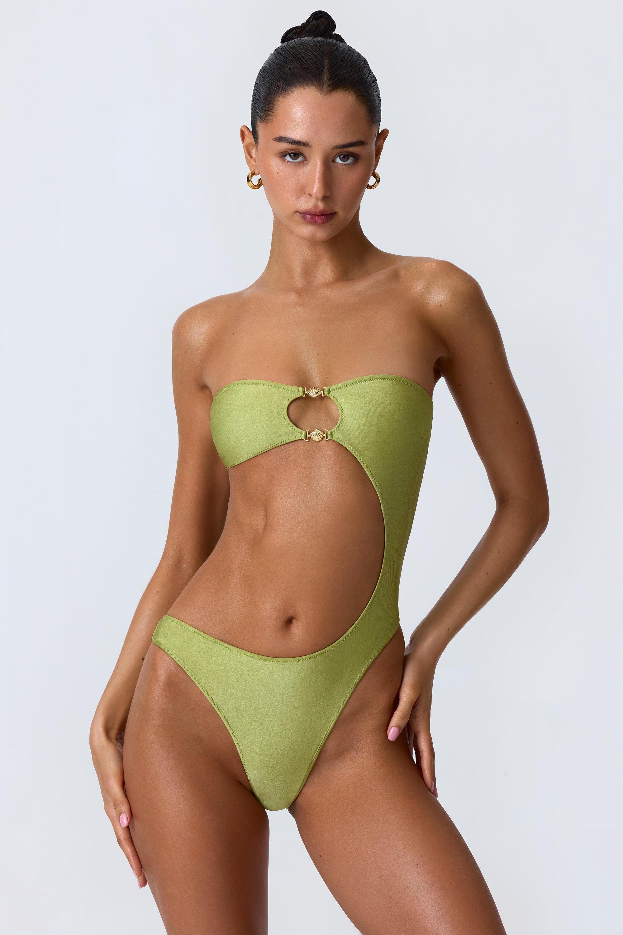 Embellished Cut-Out Bandeau Swimsuit in Pear Green