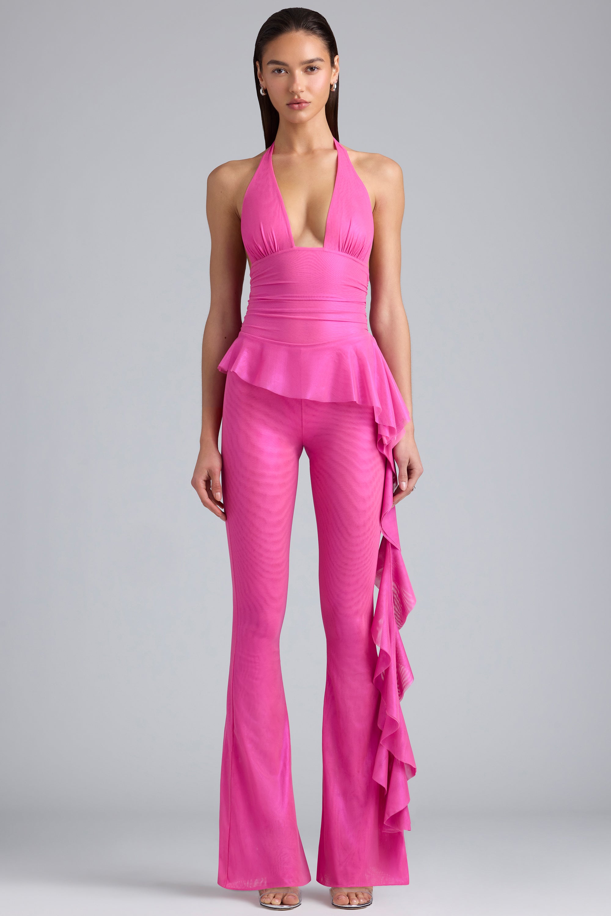 Petite Metallic Ruffle Low-Rise Flared Trousers in Bubblegum Pink