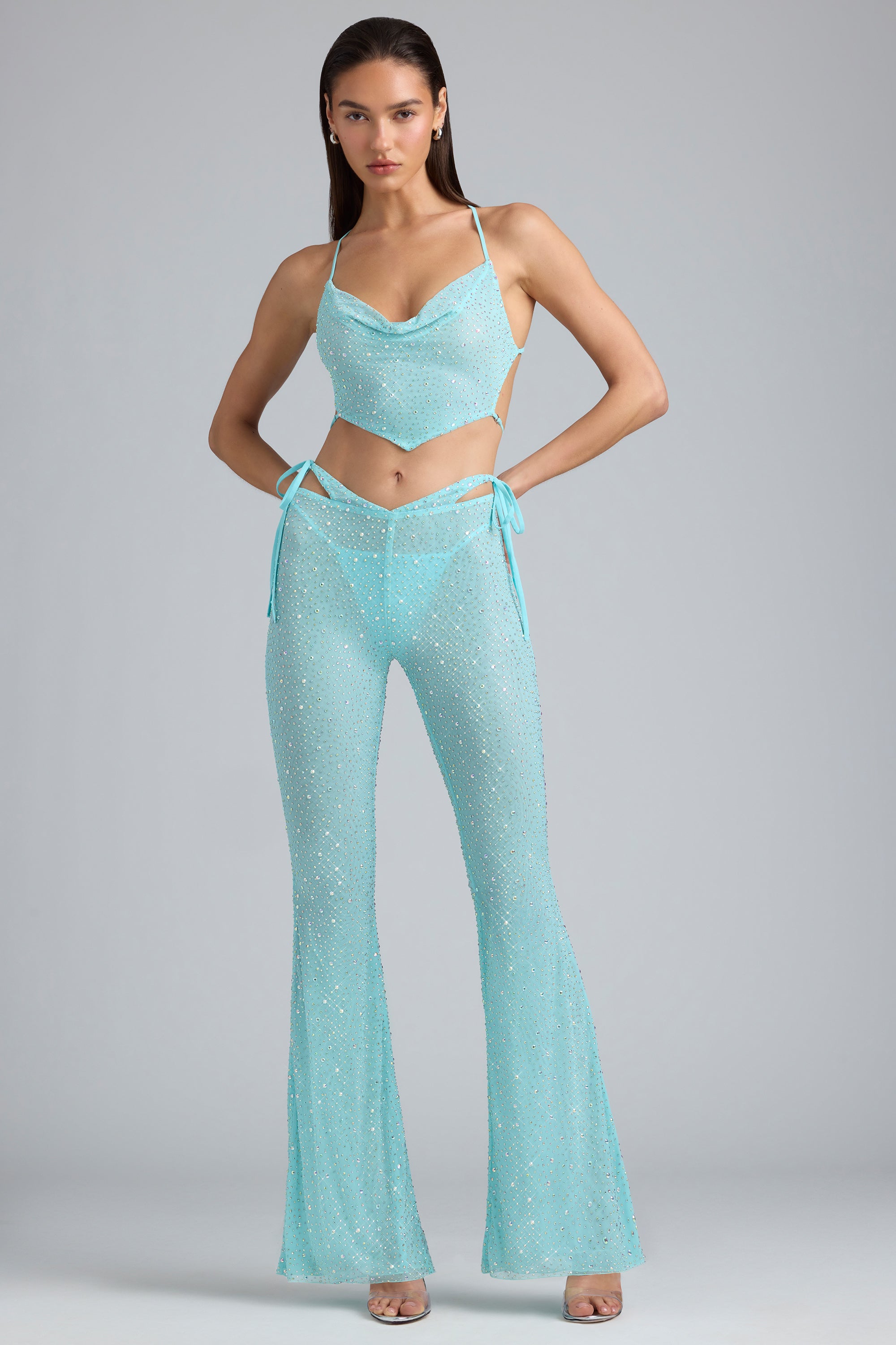 Petite Embellished Cut-Out Flared Trousers in Ice Blue