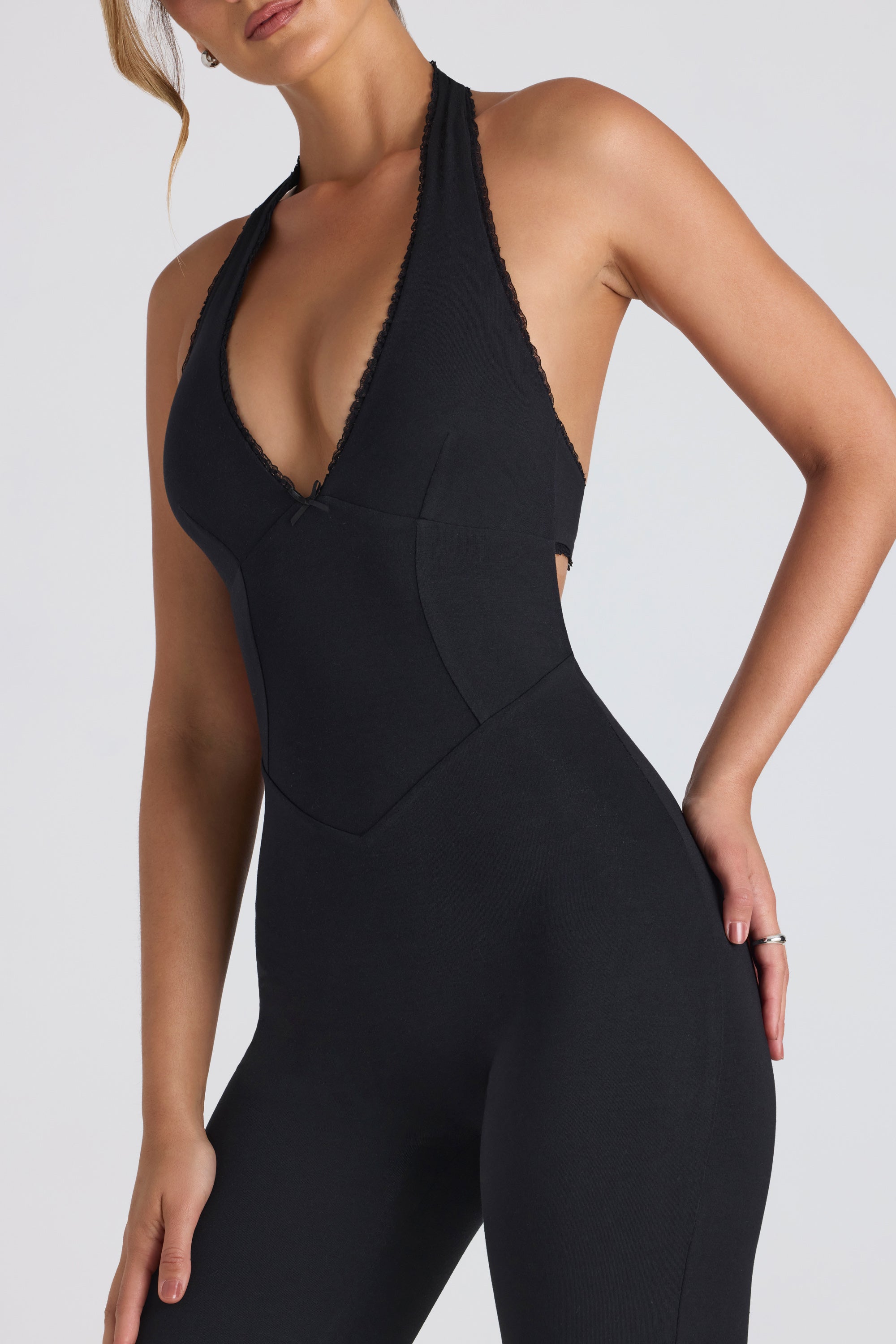 Modal Lace-Trim Cut-Out Flared Jumpsuit in Black