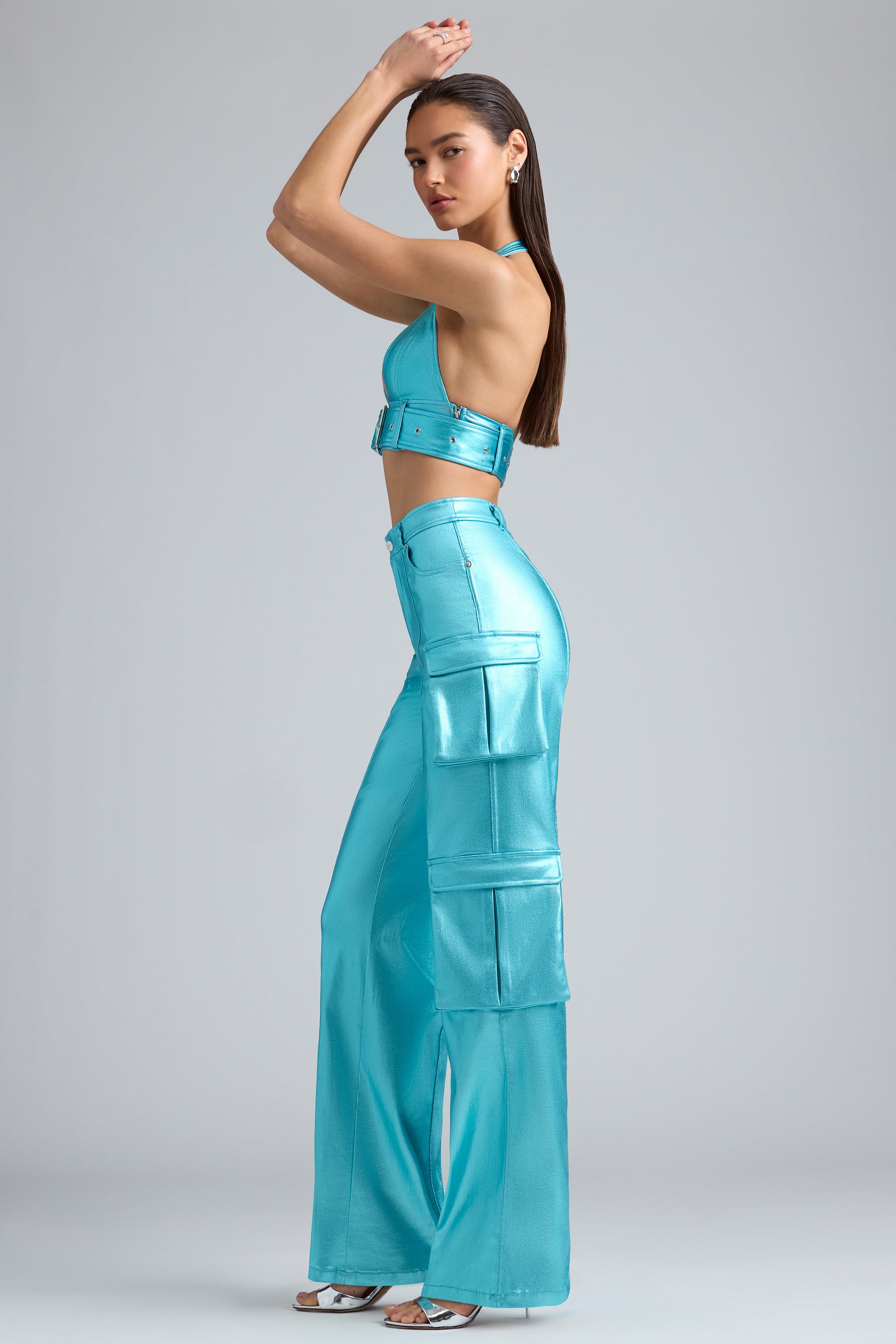 Metallic Denim Cargo Trousers in Aqua