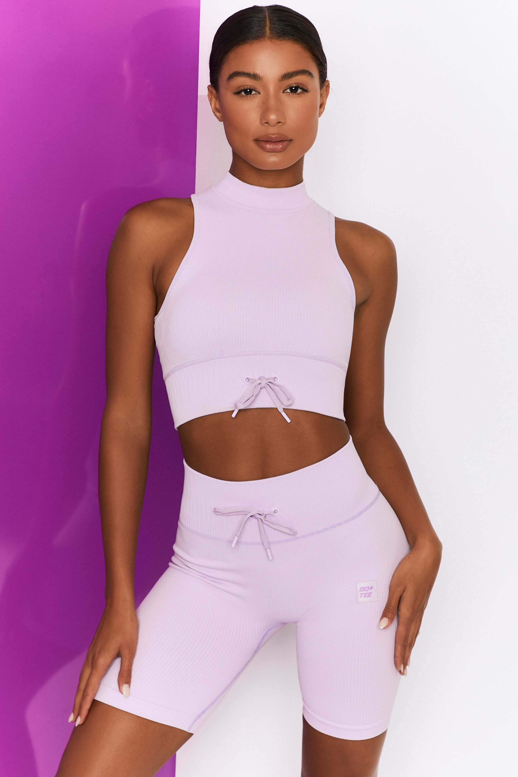 Ribbed Tie Front Cycling Shorts in Lilac