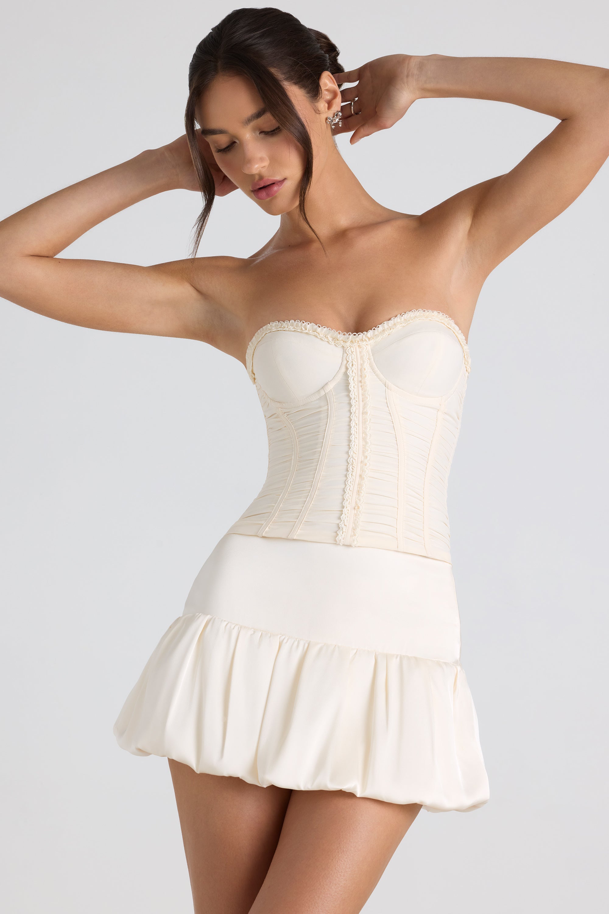 Ruched Lace-Up Strapless Corset Top in Ivory