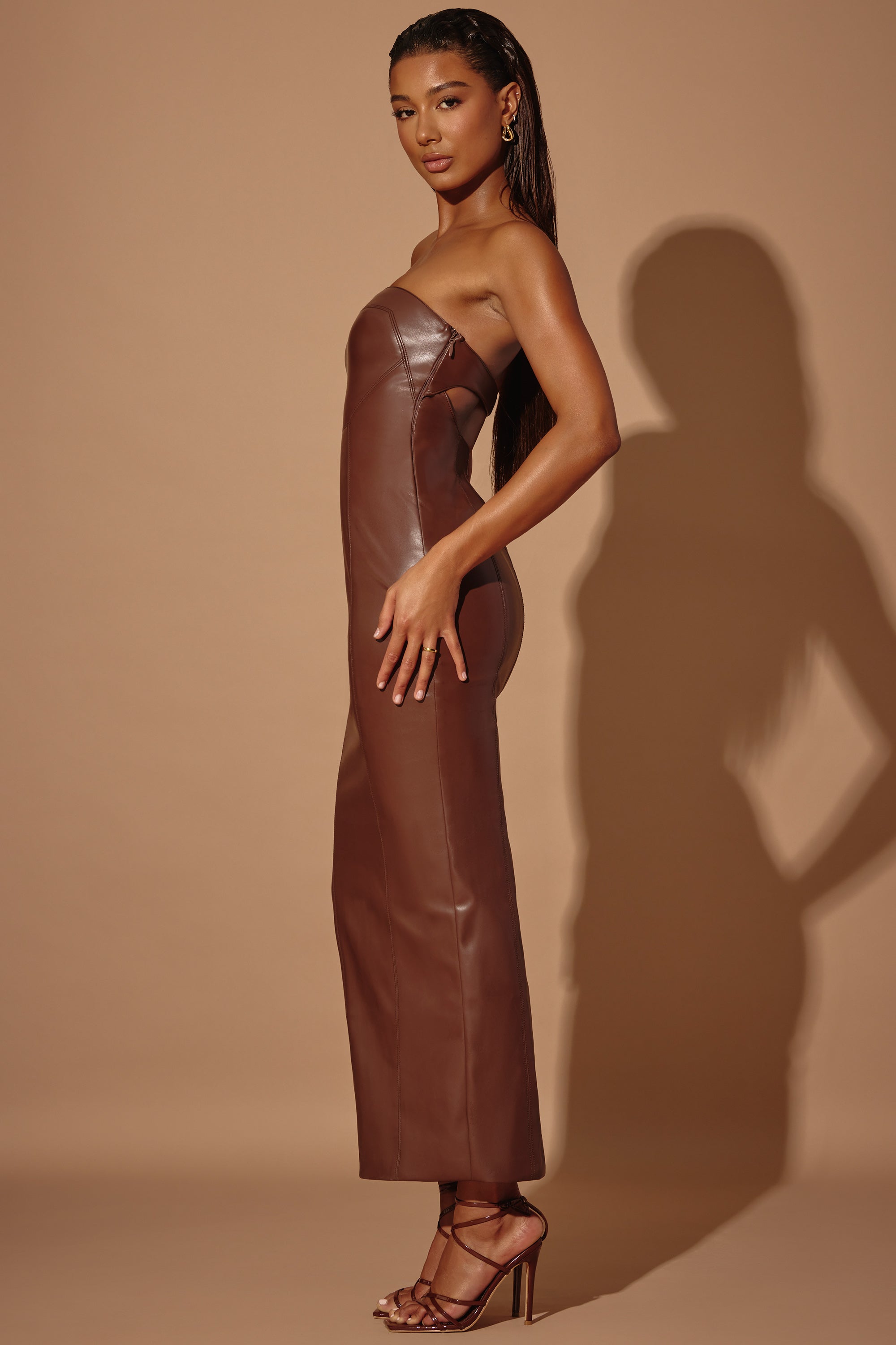 Strapless Vegan Leather Maxi Dress in Brown