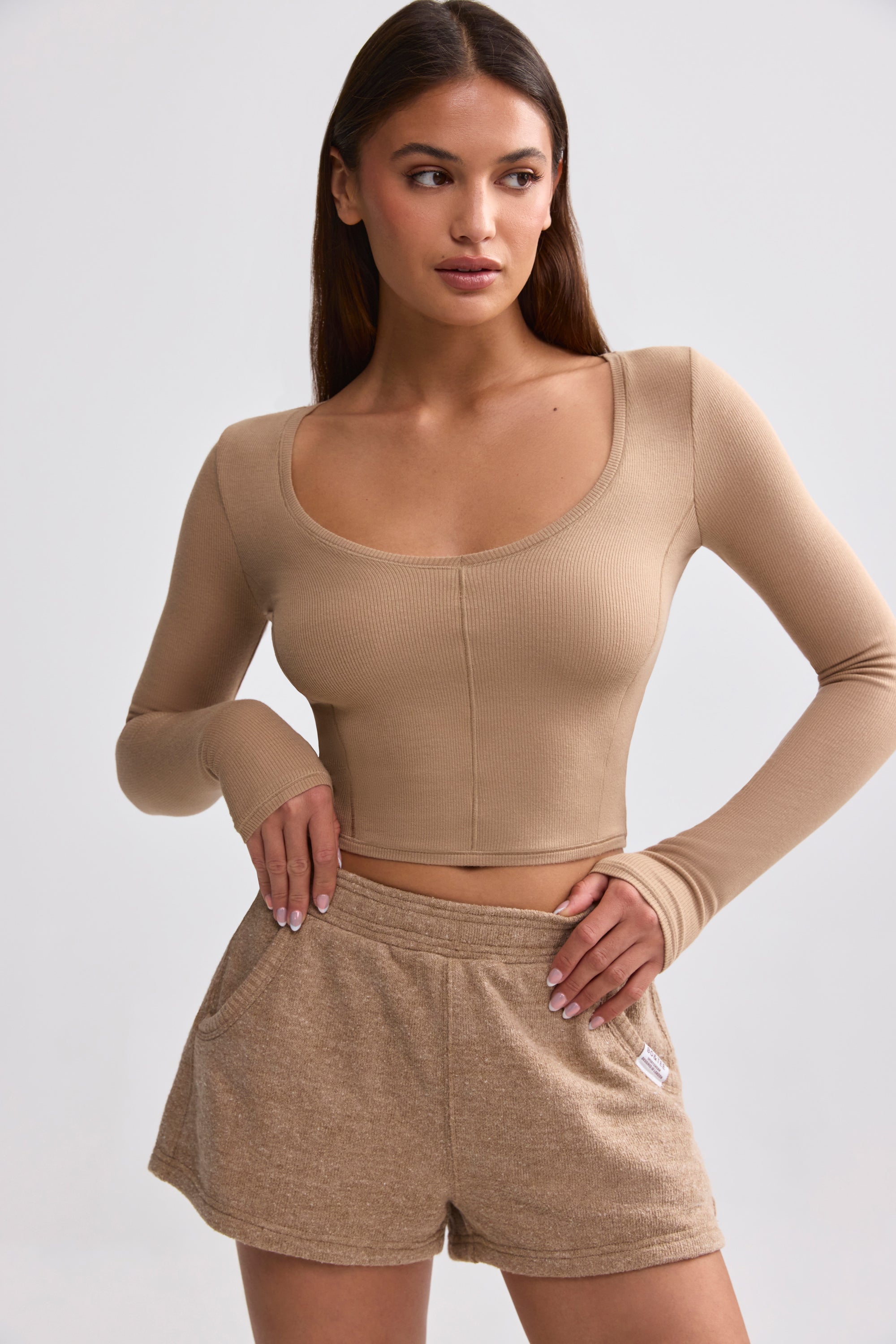 Ribbed Modal V-Neck Crop Top in Mocha Brown