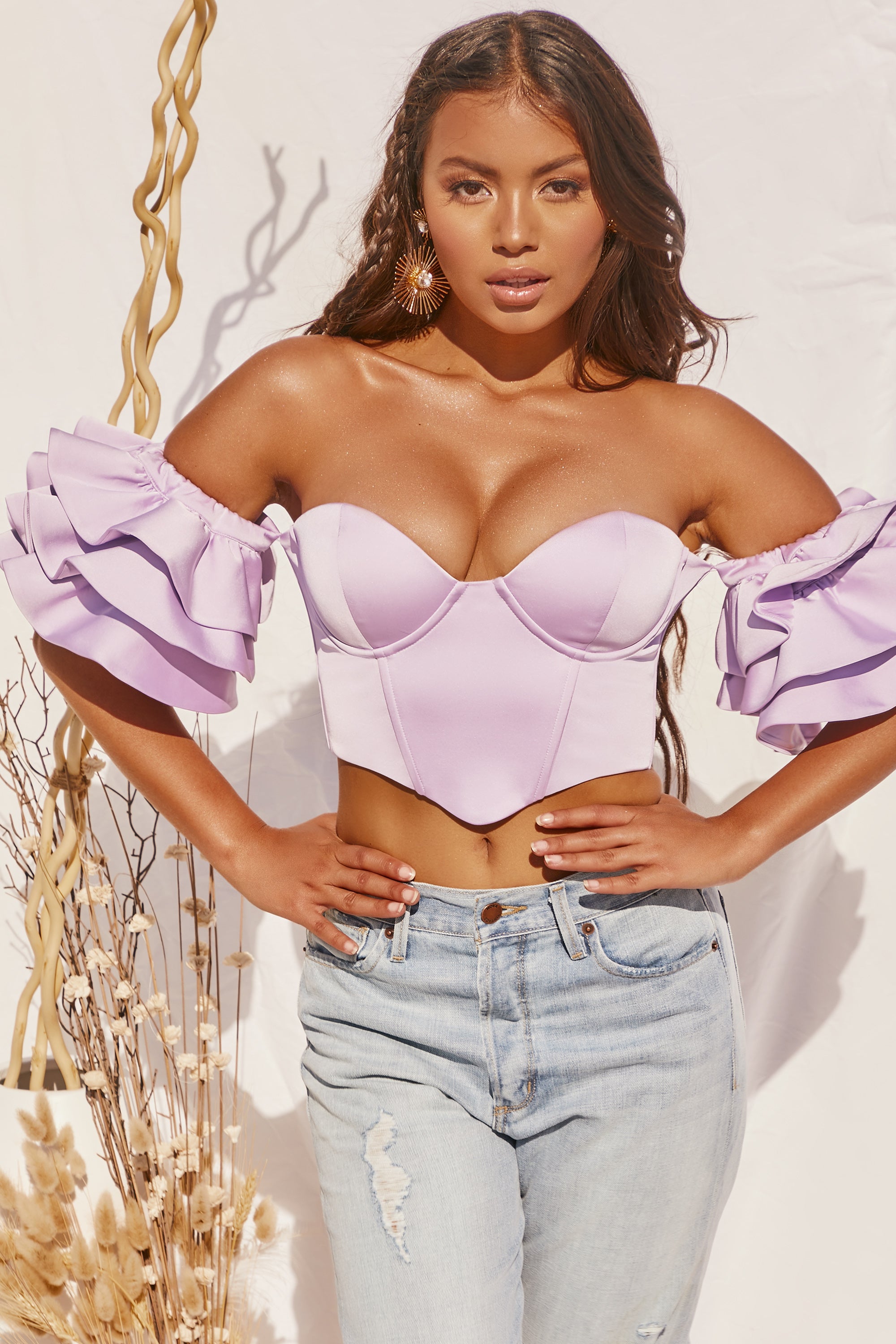 Sweet Bliss Bardot Ruffle Sleeve Crop Top in Lilac