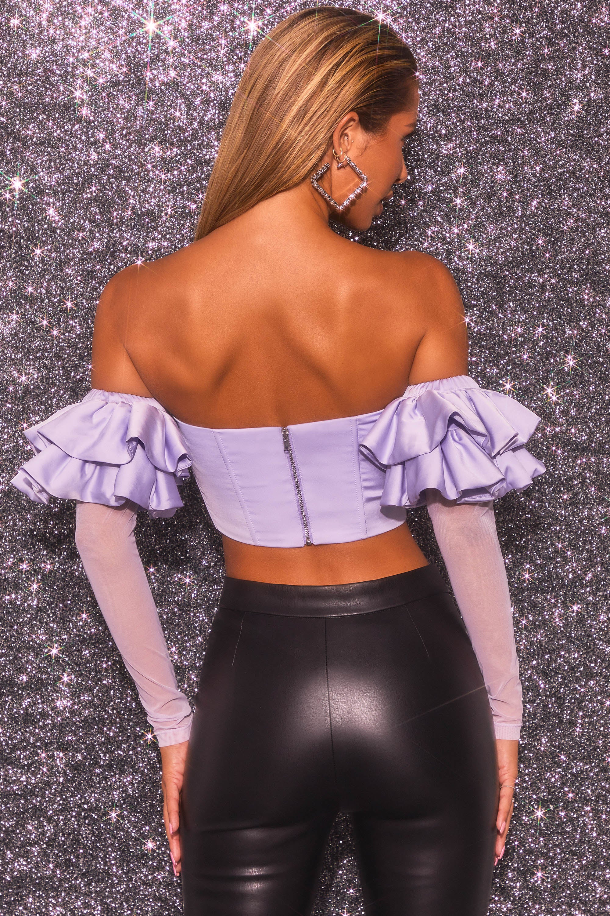 Bardot Long Ruffle Sleeve Corset Crop Top in Lilac