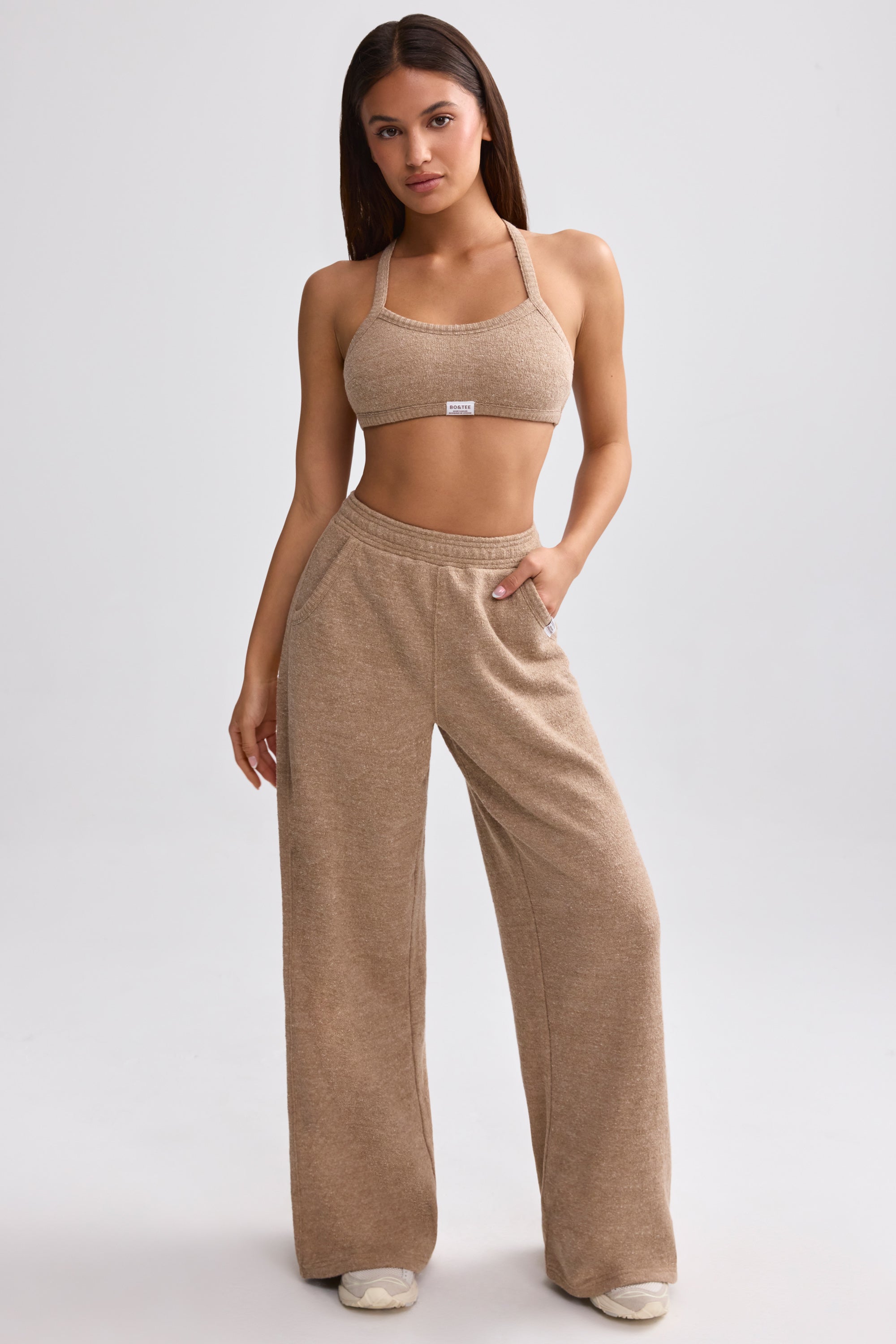 Petite Terry Towelling Wide-Leg Joggers in Mocha Brown