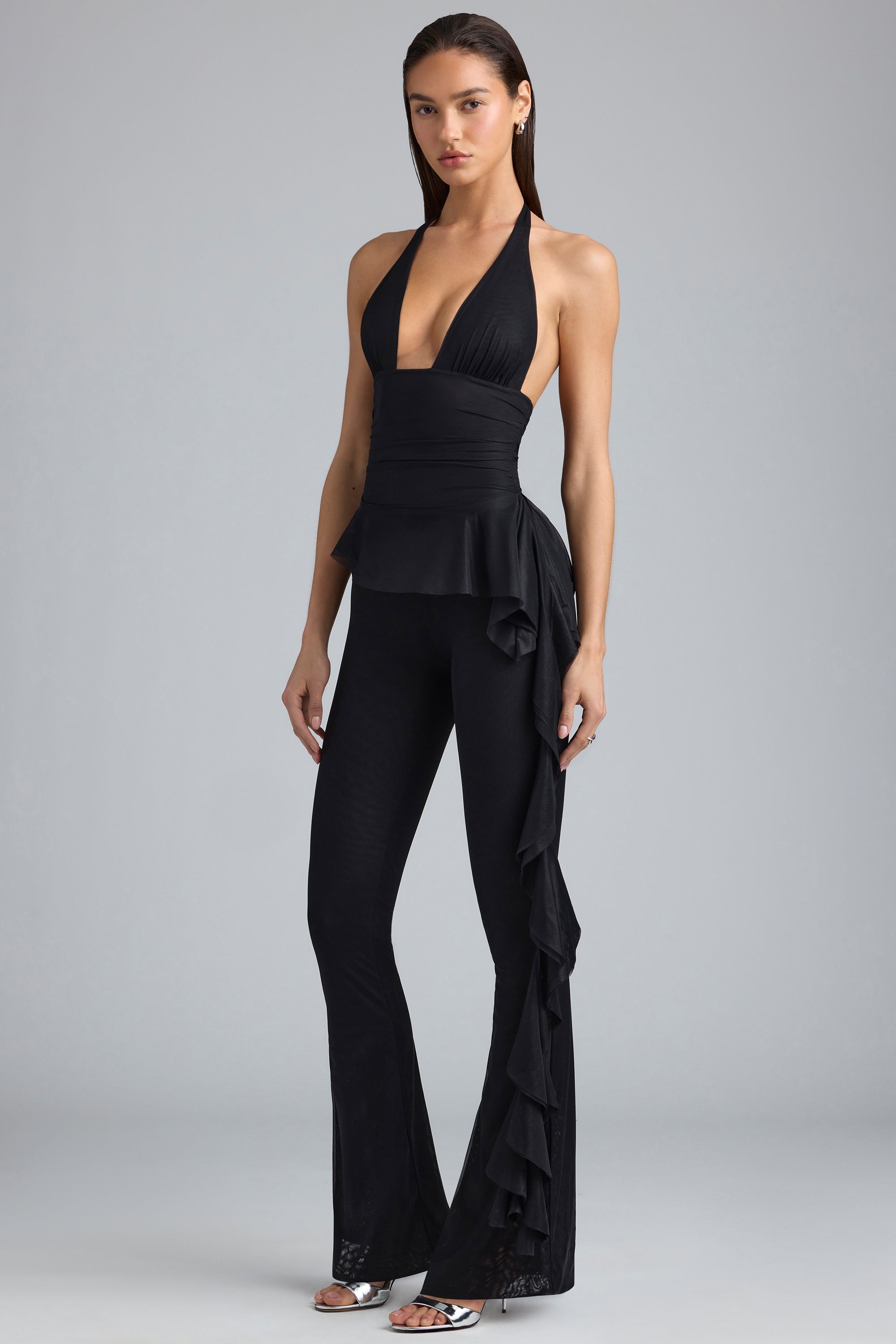 Petite Metallic Ruffle Low-Rise Flared Trousers in Black