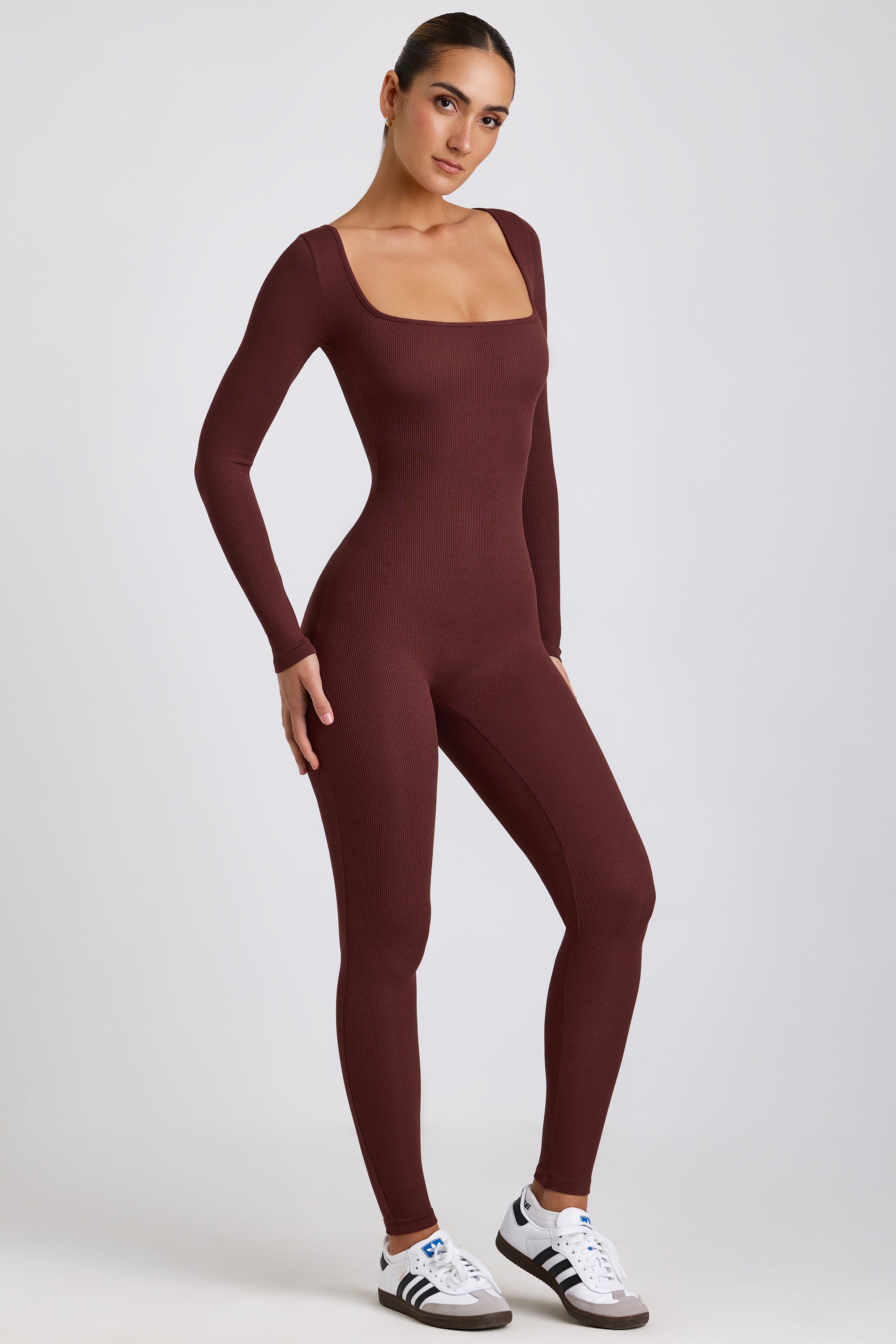 Petite Ribbed Modal Long Sleeve Jumpsuit in Espresso