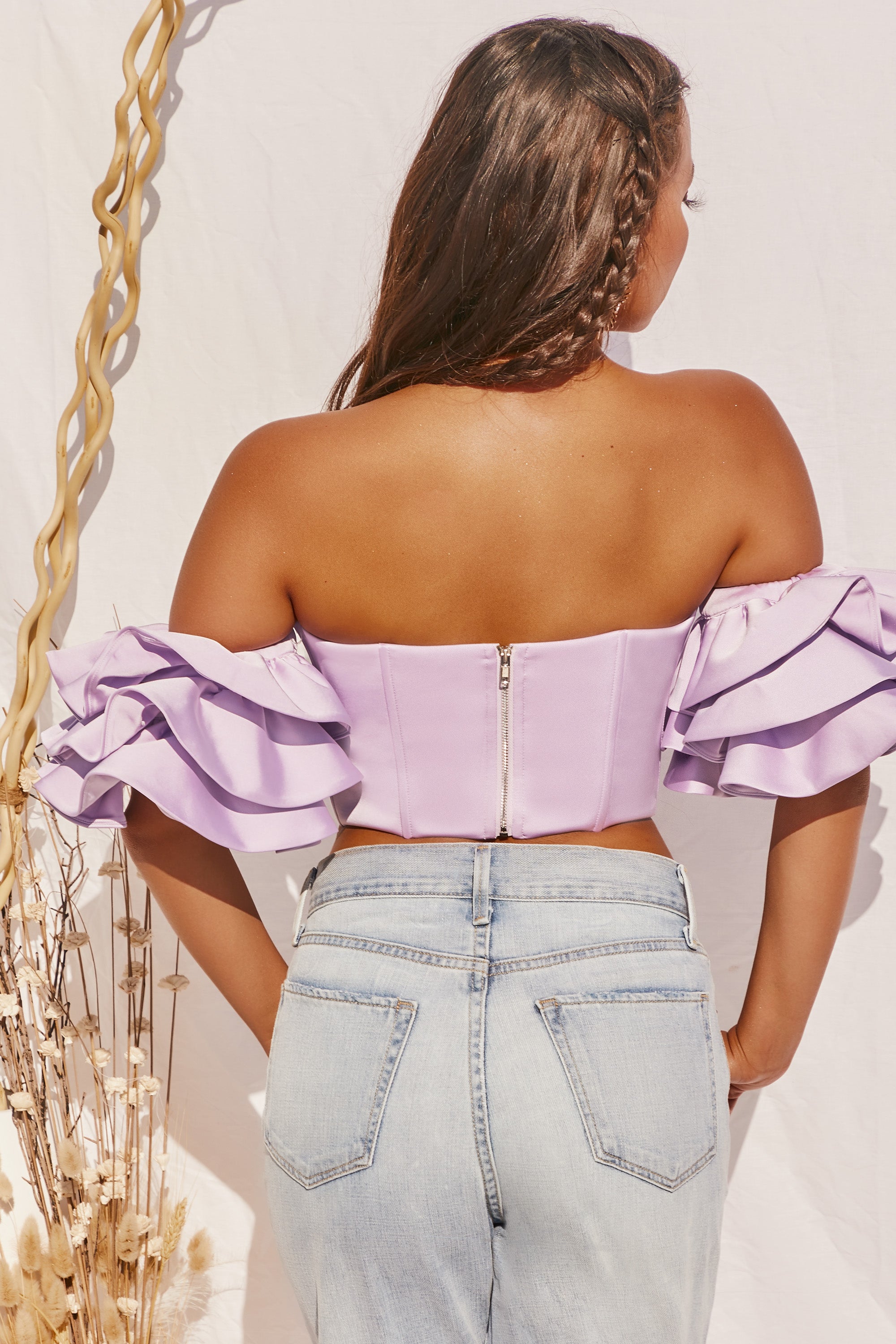 Sweet Bliss Bardot Ruffle Sleeve Crop Top in Lilac