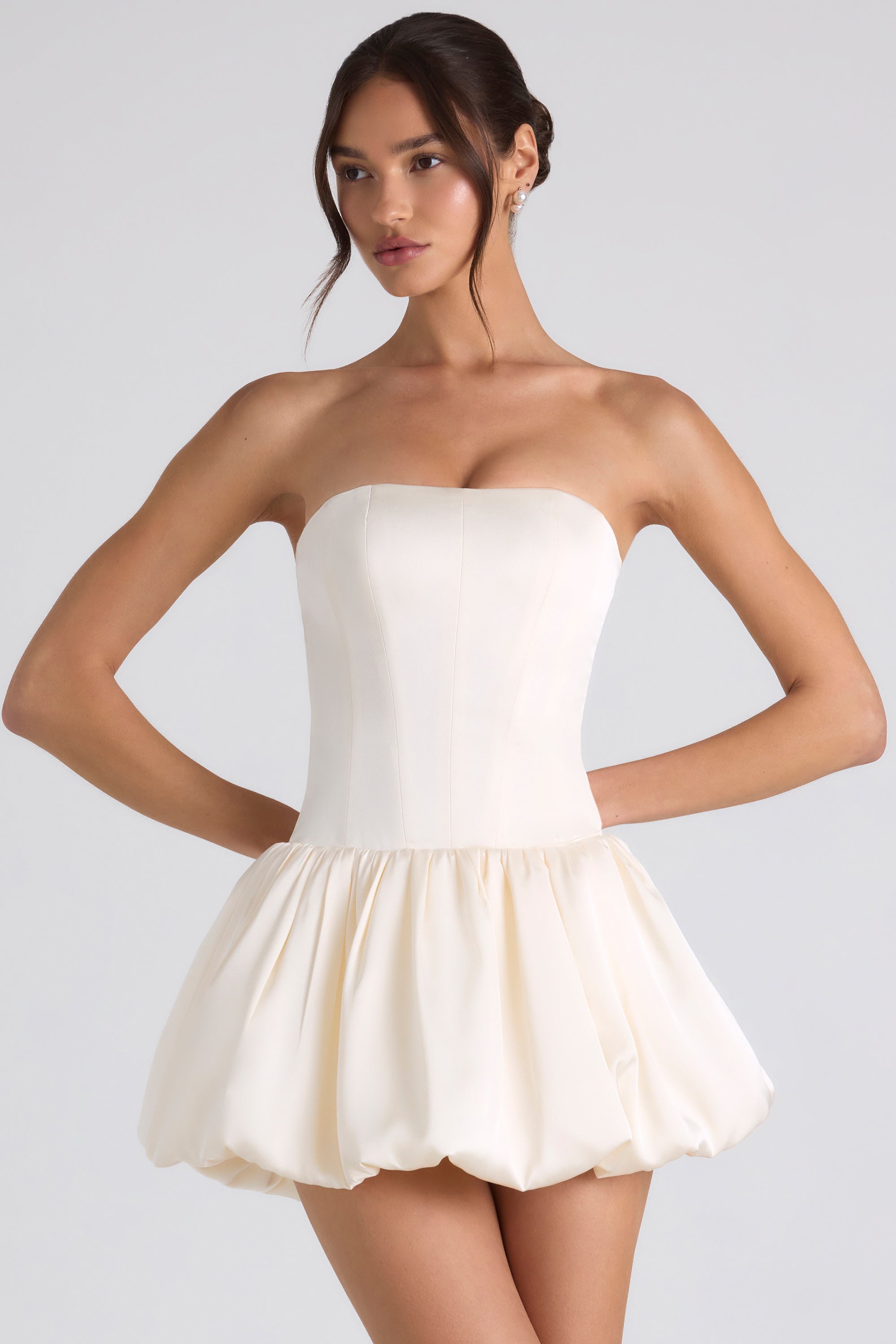 Lace-Up Bubble Hem Corset Mini Dress in Ivory