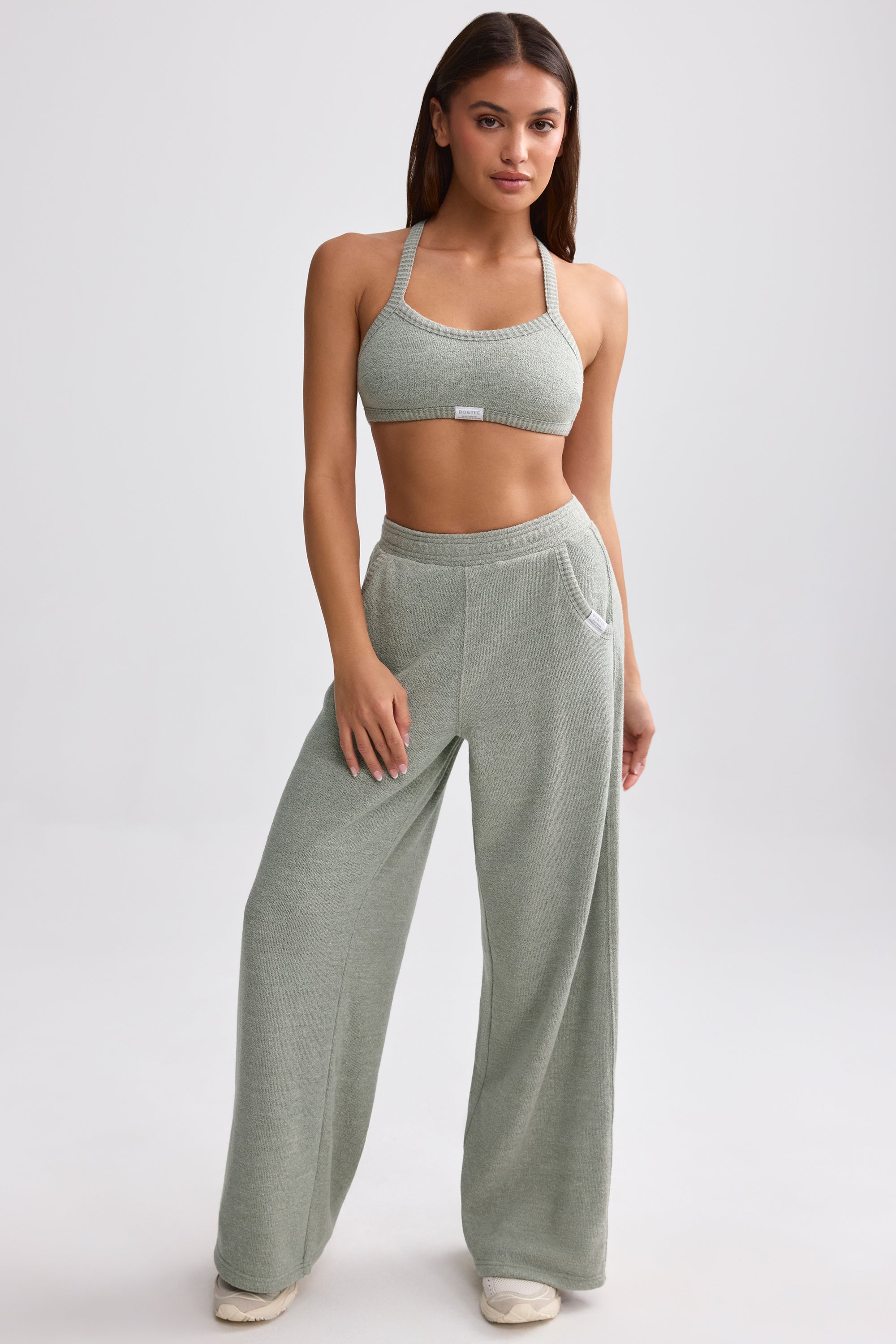 Terry Towelling Wide-Leg Joggers in Sage Grey