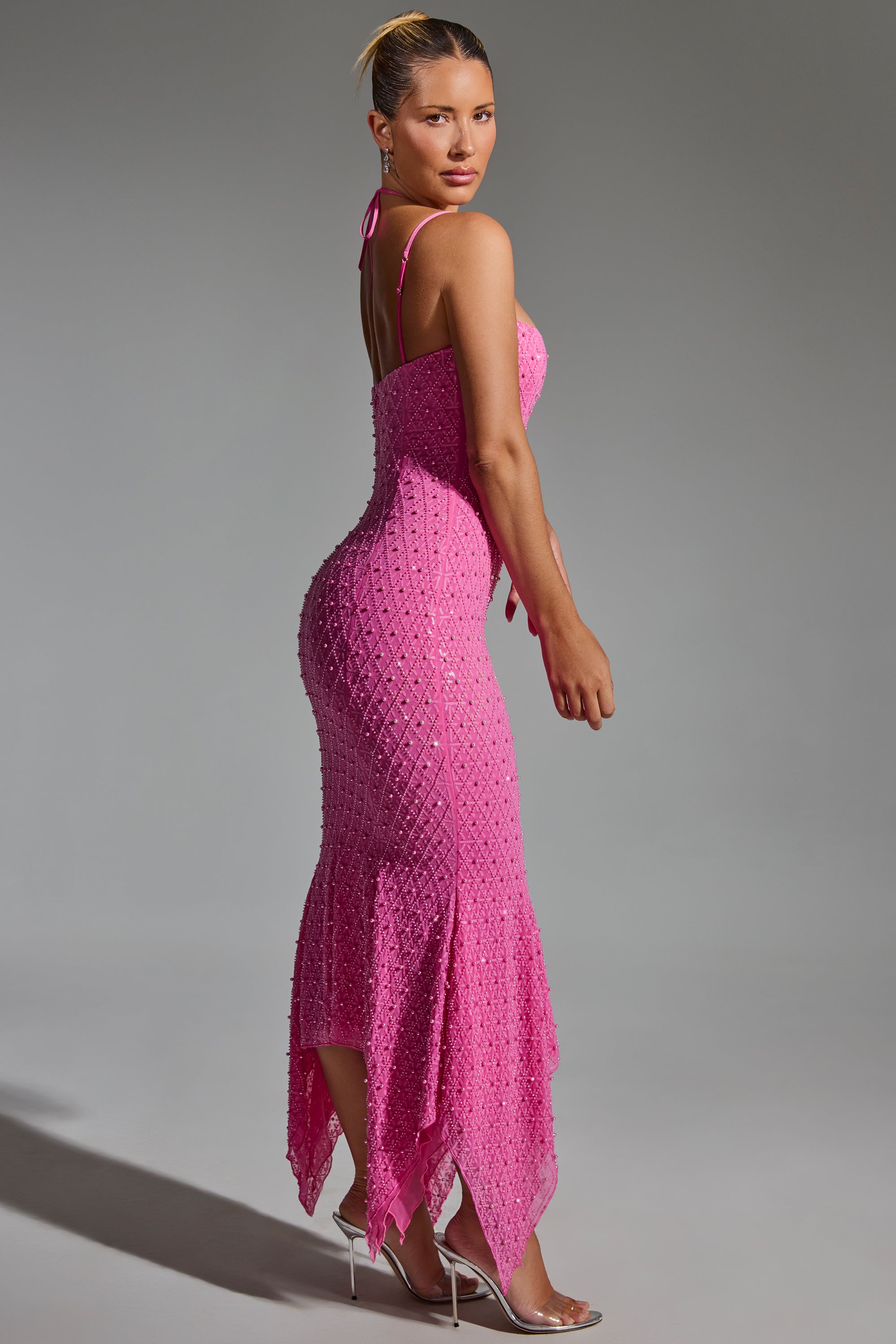 Embellished Cut-Out Asymmetric Midaxi Dress in Hot Pink